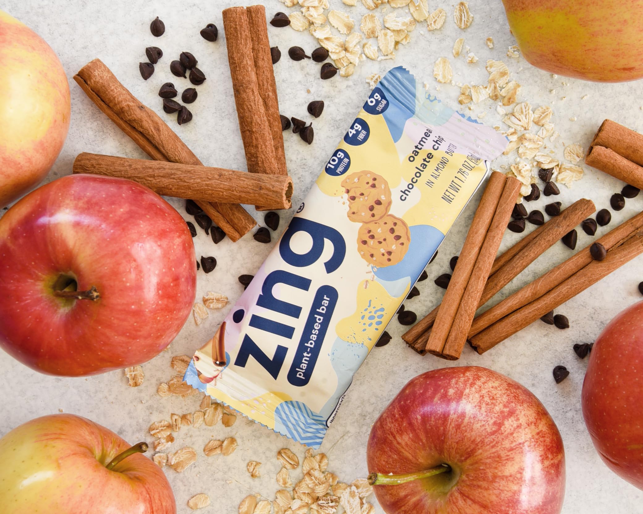 Zing Oatmeal Chocolate Chip Vegan Protein Bars - Gluten Free, High Protein & Fiber, Dairy Free, Plant Based, Kosher, Low Sugar, No Sugar Alcohols (12 Count) - Perfect for Post-Workout Recovery & Healthy Snacking On-The-Go