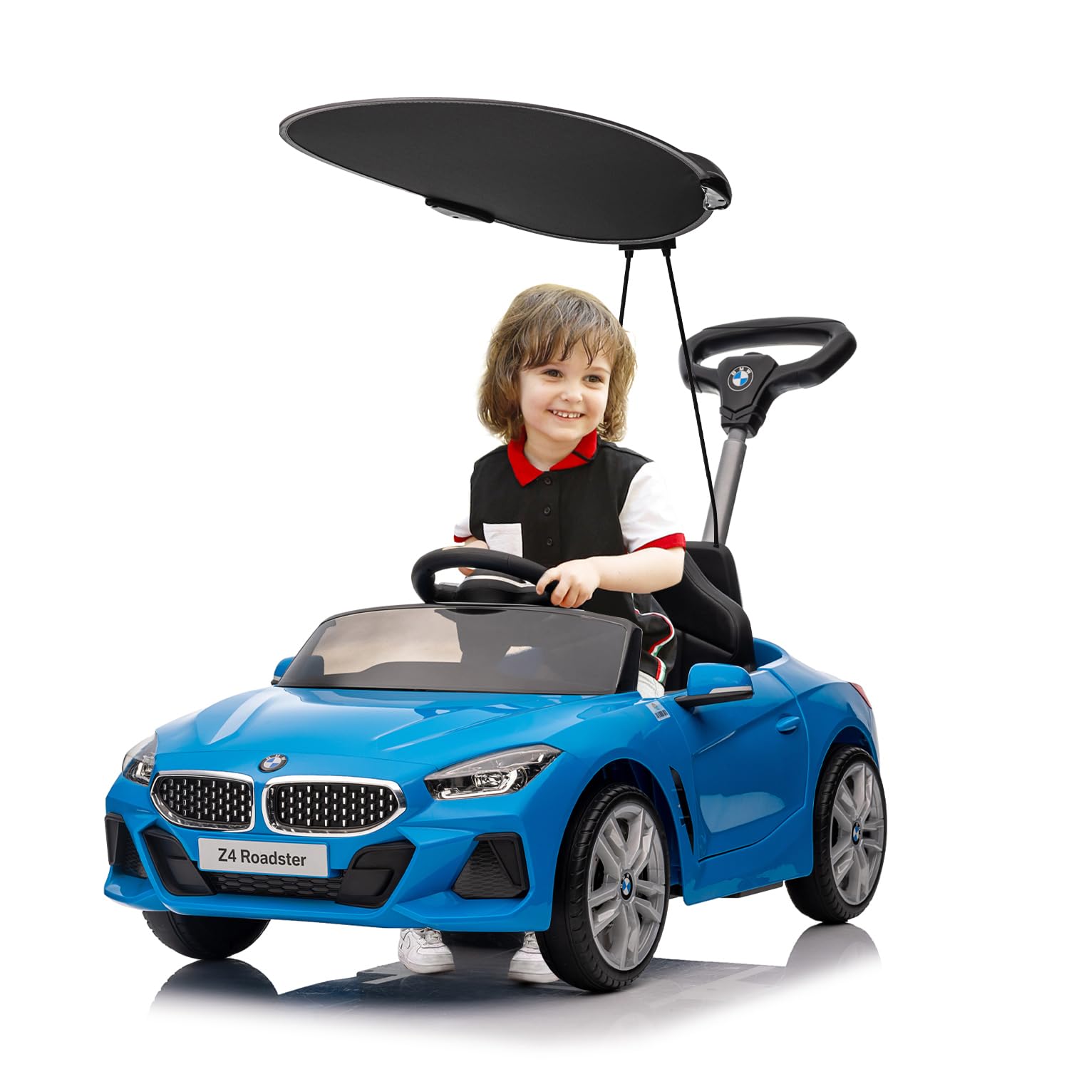 BMW Z4 Licensed Kids Push Car - 3-in-1 Ride-On Toy for Toddlers 1-5 Years | Adjustable Push Rod, Safety Seat Belt, Canopy, Horn & Music | Silent Wheels for Smooth Ride | Perfect Stroller Alternative for Boys & Girls (Blue) - Ideal for Indoor Play, Outdoor Walks & Park Adventures