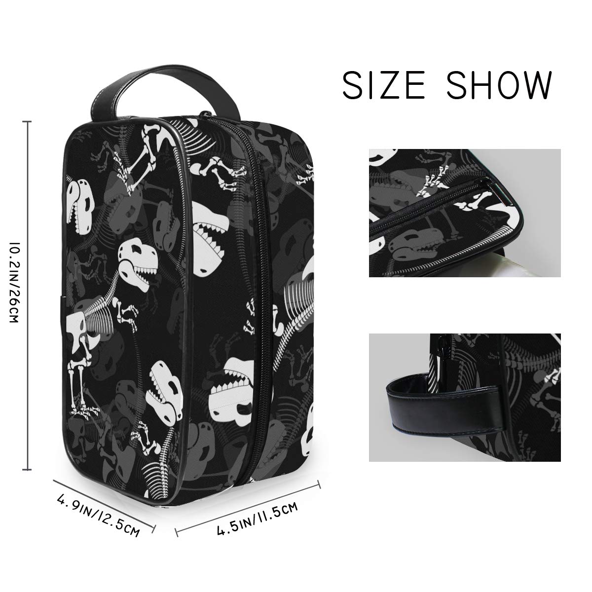 Dinosaur Skeleton Travel Toiletries Bag - Portable Cosmetic Makeup Organizer Pouch for Women - Perfect for Camping, Gym & Airplane Carry-On (Black, 912P)