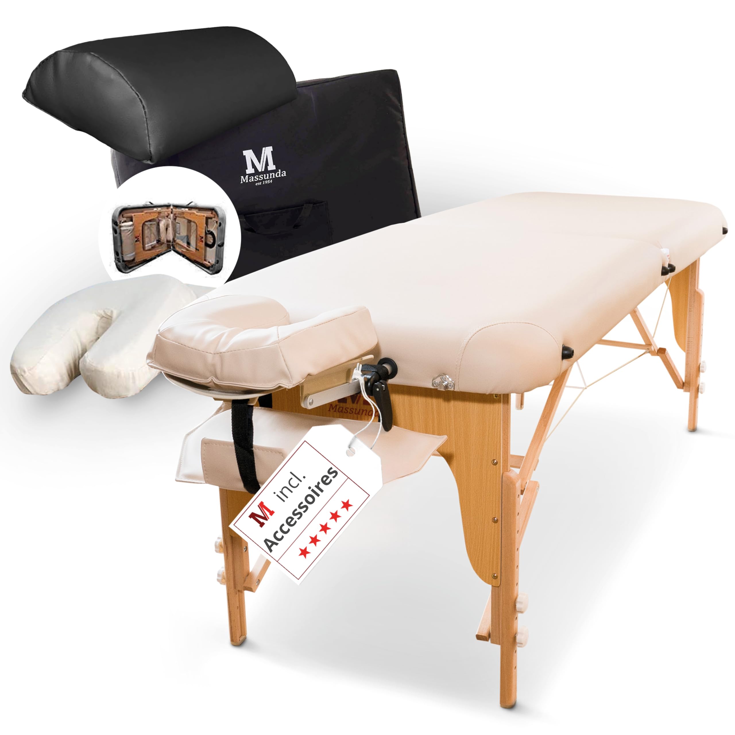 MASSUNDA Comfort Deluxe Adjustable Height Folding Massage Table - Solid Wood Portable Massage Bed with Armrests, Neck Support Pillow & Ergonomic Headrest (Beige) for Home, Spa & Professional Therapists