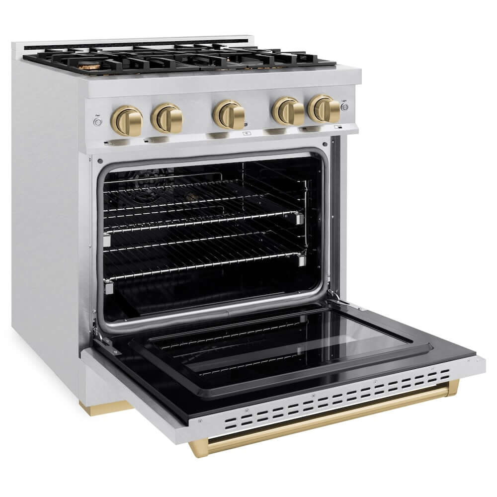 ZLINE Autograph Edition 30-inch Dual Fuel Range - 4.2 cu. ft. Capacity, 4 Burner Gas Cooktop & Electric Convection Oven - Satin Stainless Steel with Champagne Bronze Accents (CDRSZ 30 CB) - Perfect for Modern Kitchens, Home Chefs & Gourmet Cooking