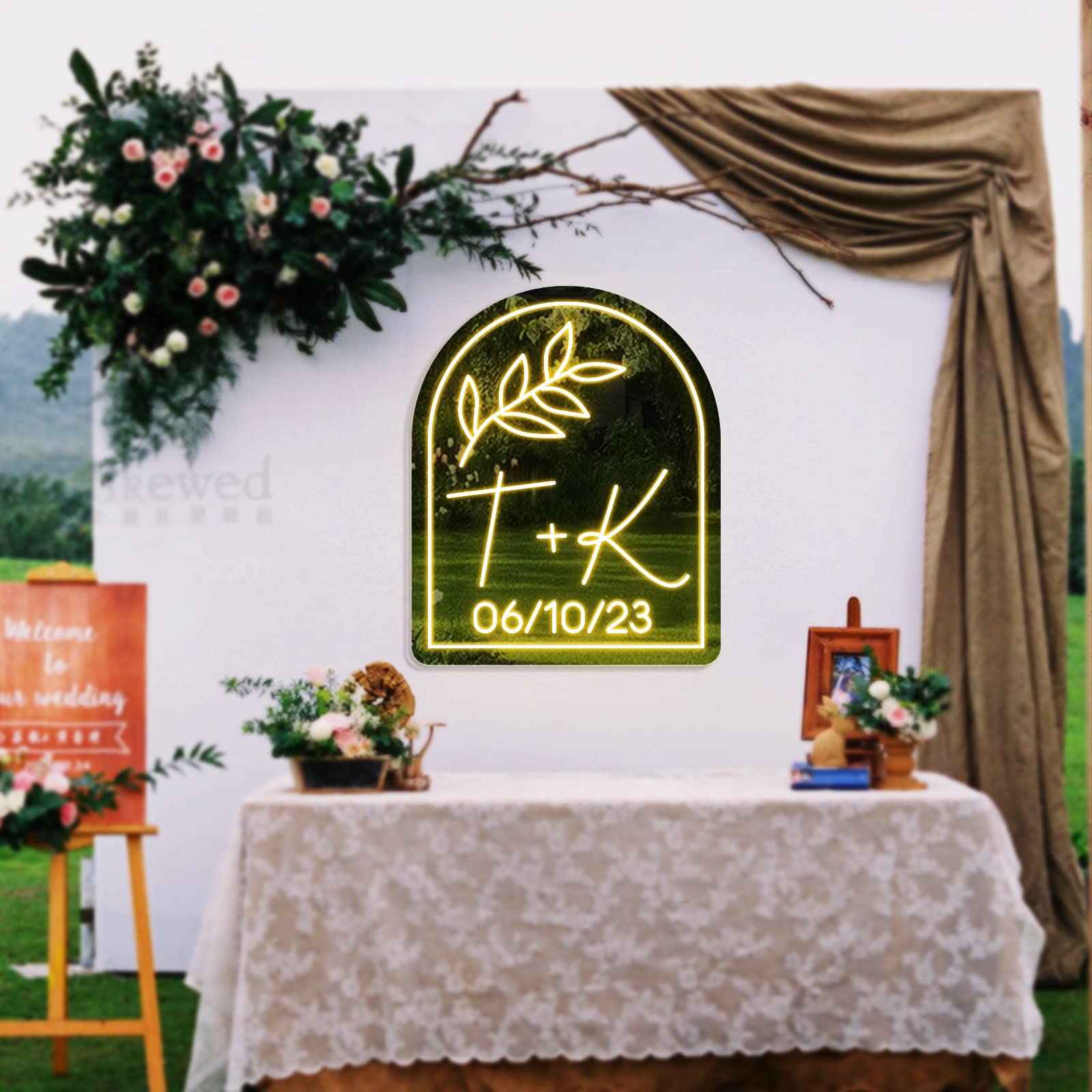 Custom Neon Signs for Wedding - Personalized Dimmable LED Neon Light with Initials, Gold Mirrored Acrylic Wall Decor (15