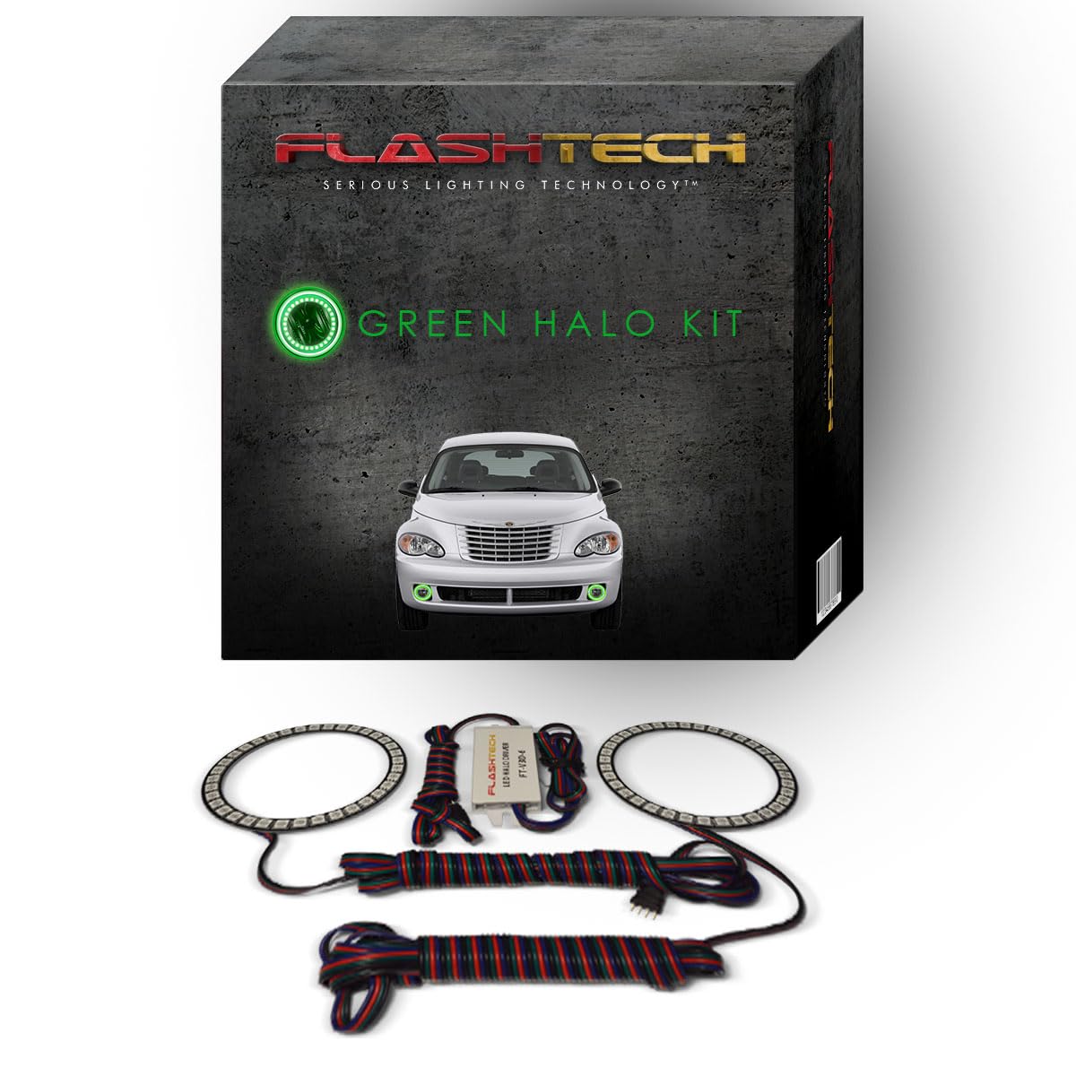 Flashtech Bright Green LED Halo Ring Fog Light Kit for 2006-2010 Chrysler PT Cruiser - Durable Waterproof Fog Lights for Night Driving & Off-Road Adventures