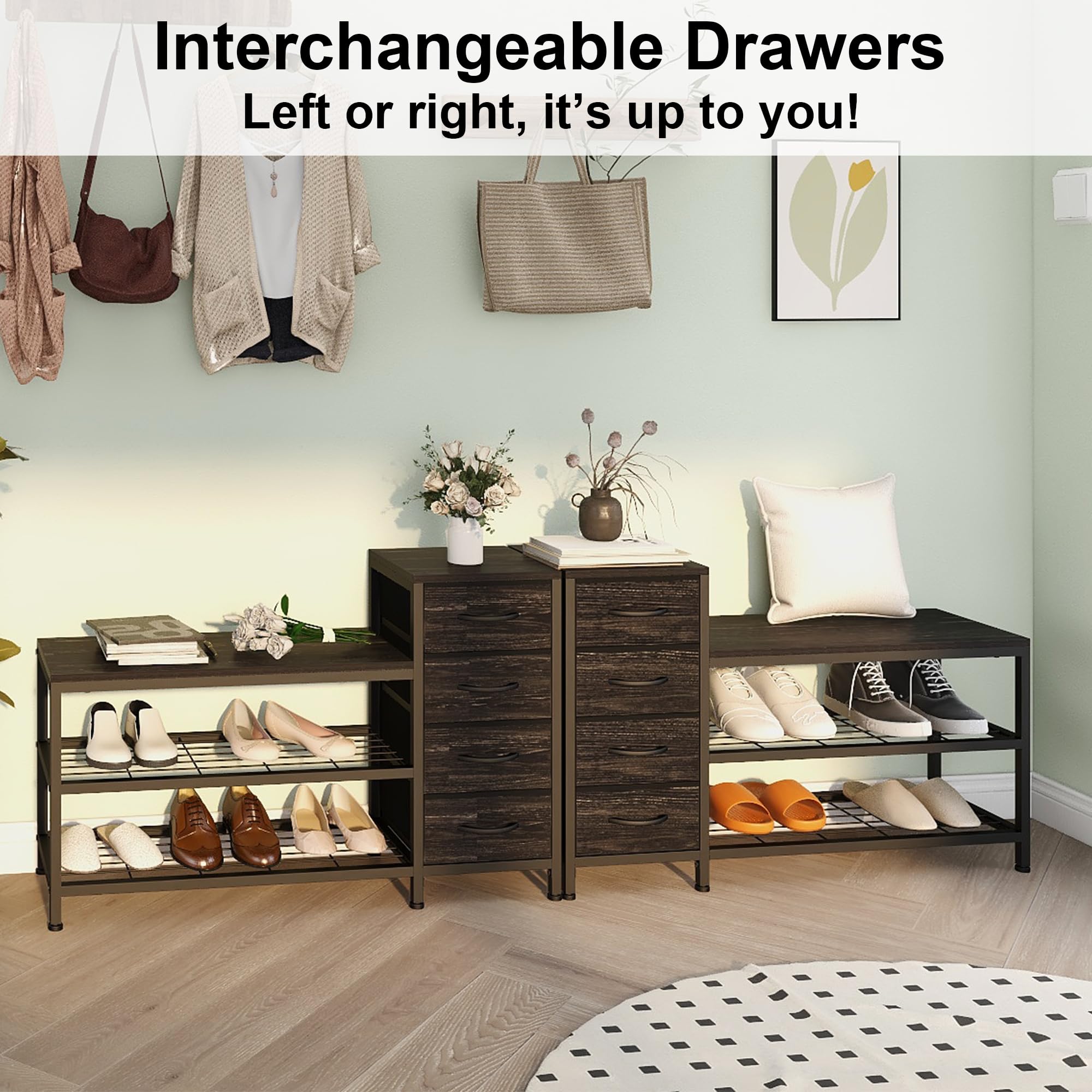 EXOTICA 3-Tier Shoe Storage Bench with 4 Fabric Drawers - Sturdy Metal Frame & Wooden Seat - Entryway Organizer for Shoes, Hats & Accessories | Perfect for Hallway, Front Door & Small Space Organization