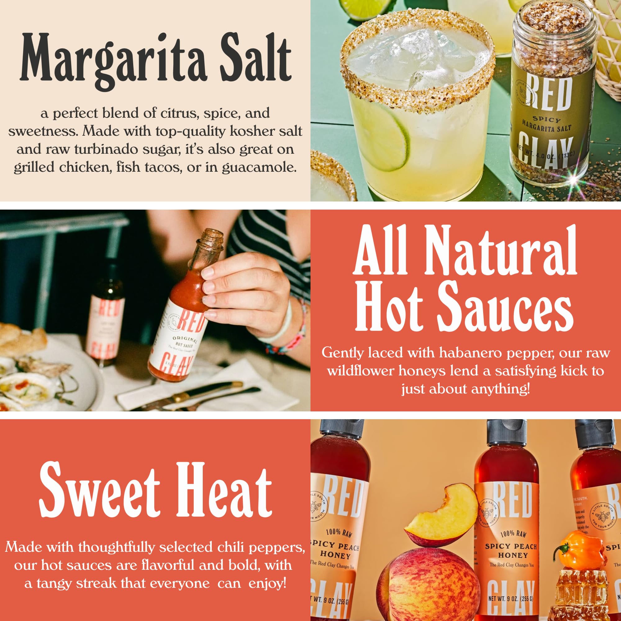 Red Clay Hot Sauce & Hot Honey Variety Pack – Original, Carolina Hot, Verde, Hot Honey & Southern Honey | Cold-Pressed, Fermented, Barrel-Aged Gourmet Hot Sauces | 100% Raw Natural Honey | 5-Pack Gift Set for BBQ, Wings, Pizza & Cocktails