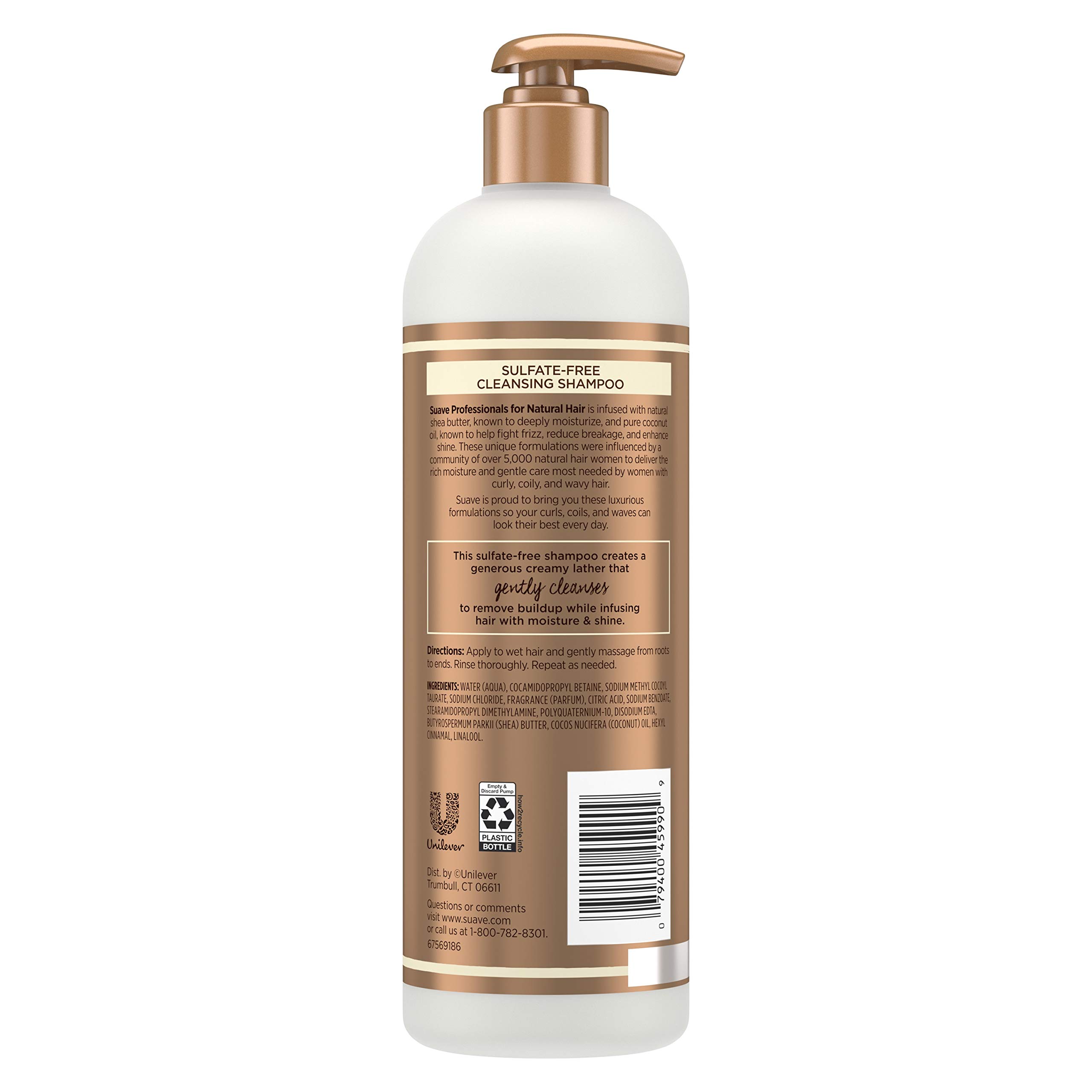 Suave Professionals Natural Shea Butter & Pure Coconut Oil Sulfate-Free Cleansing Shampoo - 16.5 fl oz for Dry, Damaged Hair - Hydrating & Nourishing Hair Care for Daily Use at Home or Salon