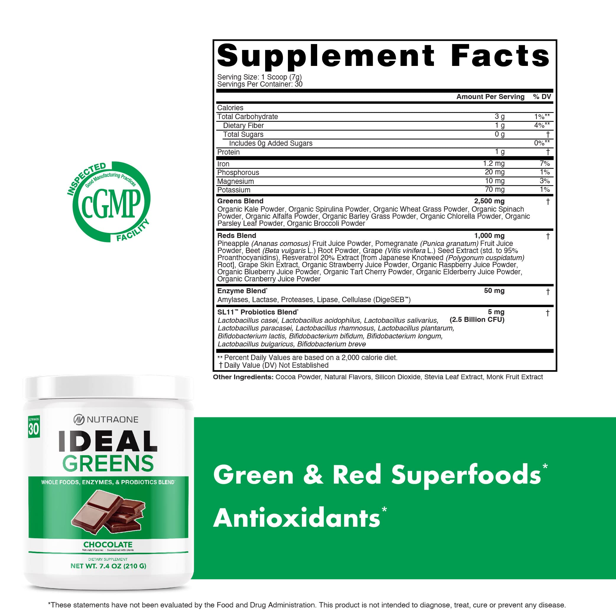 NutraOne Ideal Greens Superfood Powder - Antioxidant & Nutrient-Rich Supplement with Chocolate Flavor (30 Servings) | Boost Energy & Immunity for Active Lifestyles