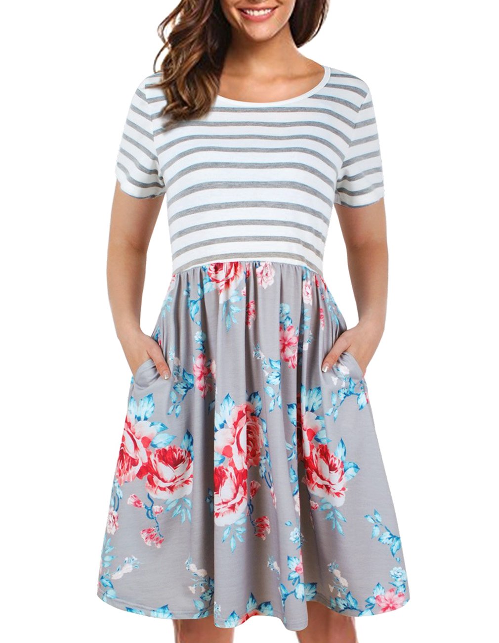 Women's Short Sleeve Striped Floral Tunic Dress with Pockets - Patchwork Puffy Swing Casual Party Dress for Summer Outfits, Beach Wear and Date Night