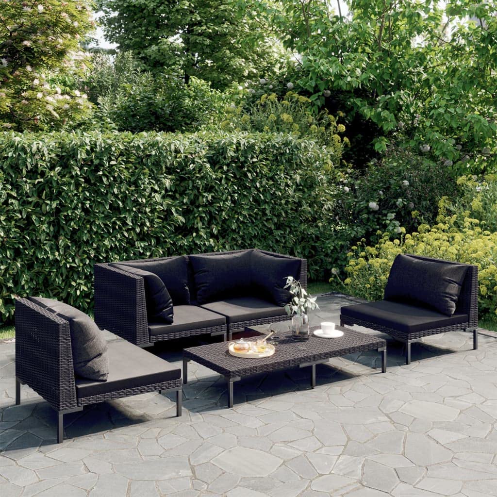 vidaXL 5-Piece Patio Lounge Set - Modern Dark Gray Poly Rattan Outdoor Sectional Sofa with Cushions - Perfect for Backyard, Poolside & Garden Relaxation