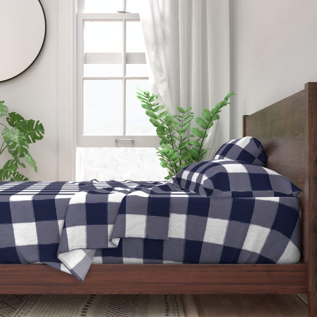 Premium 100% Cotton Twin Sheet Set (3-Piece) - Navy Buffalo Check Gingham Watercolor Print for Bedroom & Picnic - Soft Breathable Custom Bedding for Home Decor & Outdoor Use