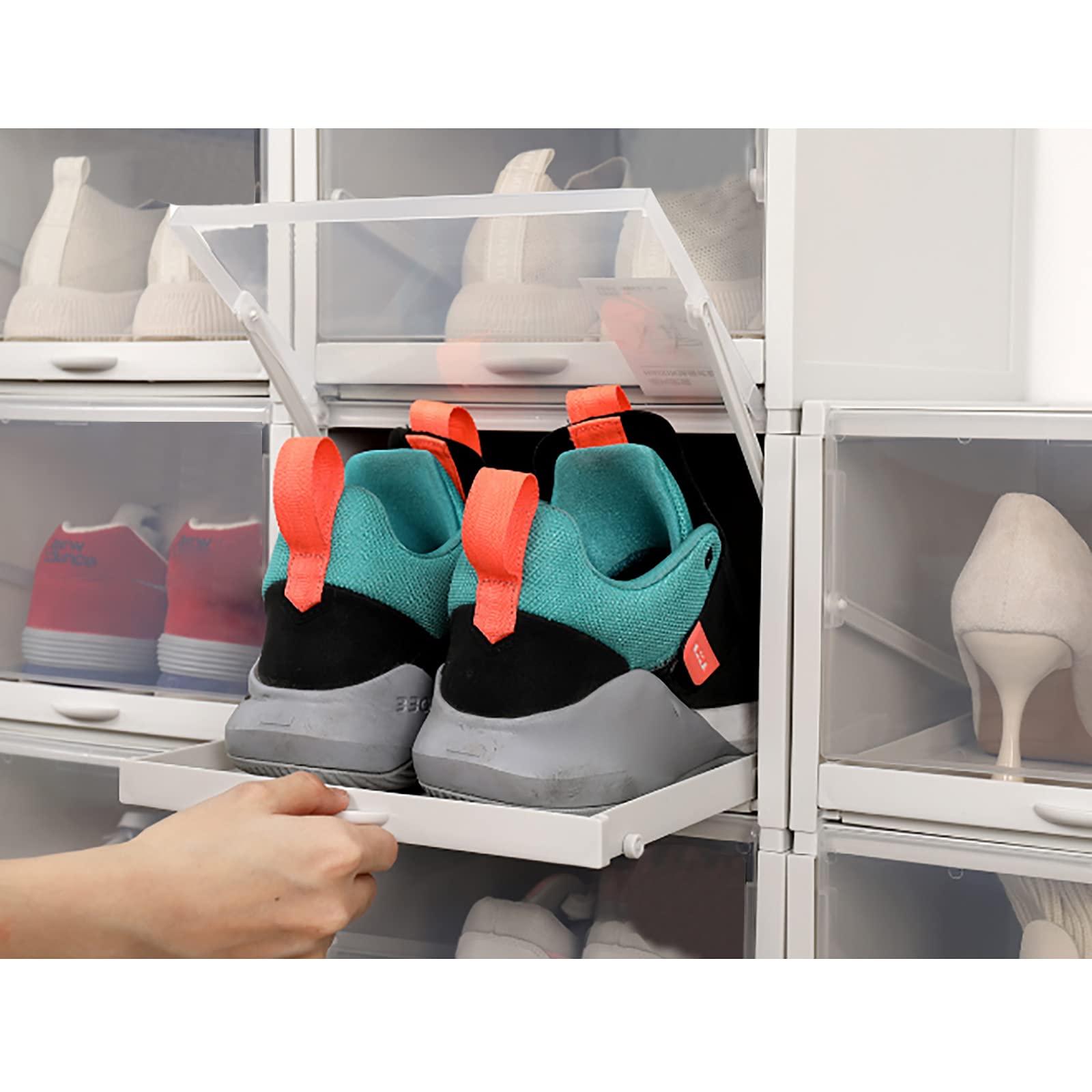 3 Pack Clear Plastic Stackable Shoe Storage Boxes - Foldable Drawer Organizer Bins for Sneakers & Shoes | Space-Saving Closet & Underbed Storage Solution