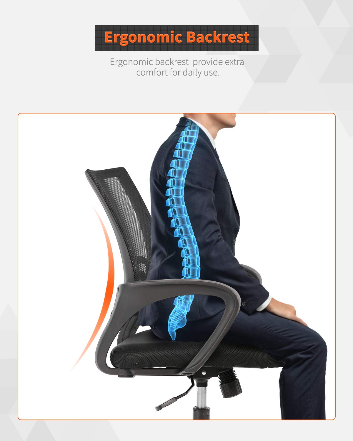 Ergonomic Mesh Office Chair with Lumbar Support - Adjustable Mid-Back Computer Desk Chair with Armrests & Rolling Swivel for Home & Executive Use - Comfortable Task Chair for Long Work Hours (Black)