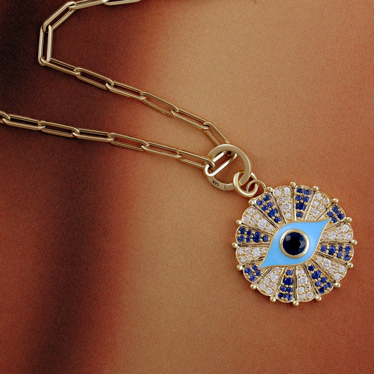 14K Yellow Gold Blue Sapphire Evil Eye Pendant with Diamond Pave & Enamel Detail - Perfect for Protection & Fashion Jewelry Gifts