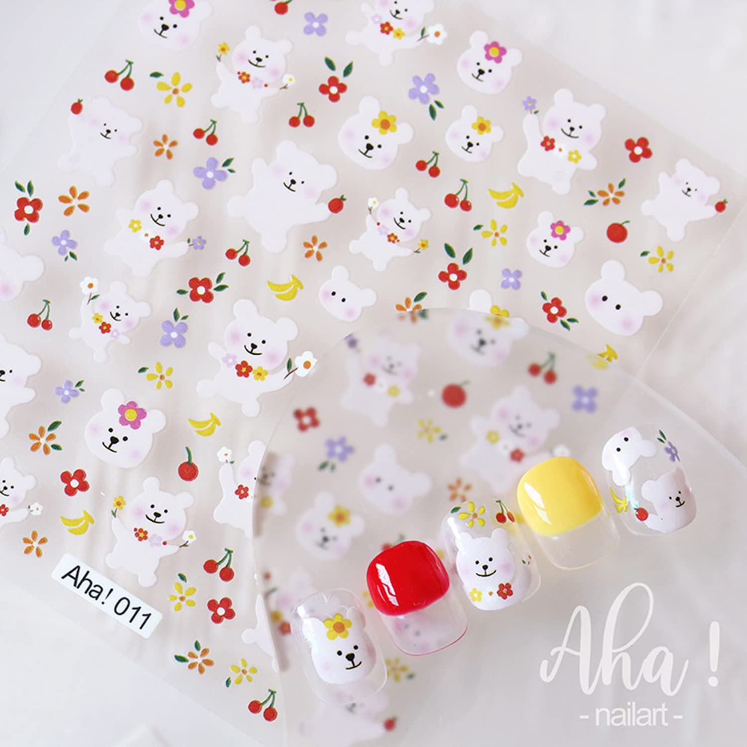 3D Bear Flower & Fruit Nail Art Stickers - Banana Cherry DIY Self-Adhesive Nail Decals for Women, Girls & Kids | Fashionable Nail Decorations for Parties, Holidays & Everyday Glam (2 Sheets)