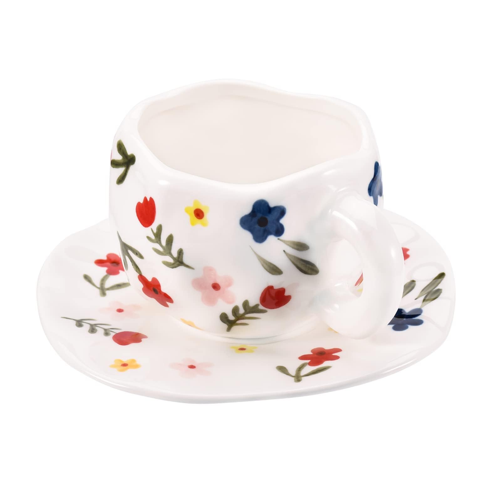Koythin Ceramic Coffee Mug with Saucer - 10 oz/300ml Cute Pink Cup for Women, Dishwasher & Microwave Safe - Perfect for Office, Home, Latte, Tea & Milk (White Floret Design)