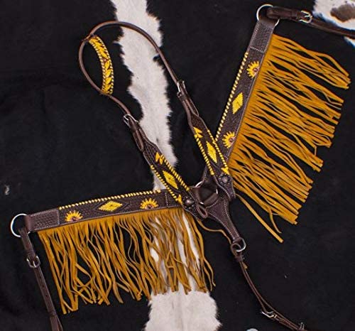 Showman Dark Leather Hand-Painted Sunflower Equestrian Headstall & Breast Collar Set with Fringe and Reins - Perfect for Western Riding, Horse Shows, and Rodeo Events