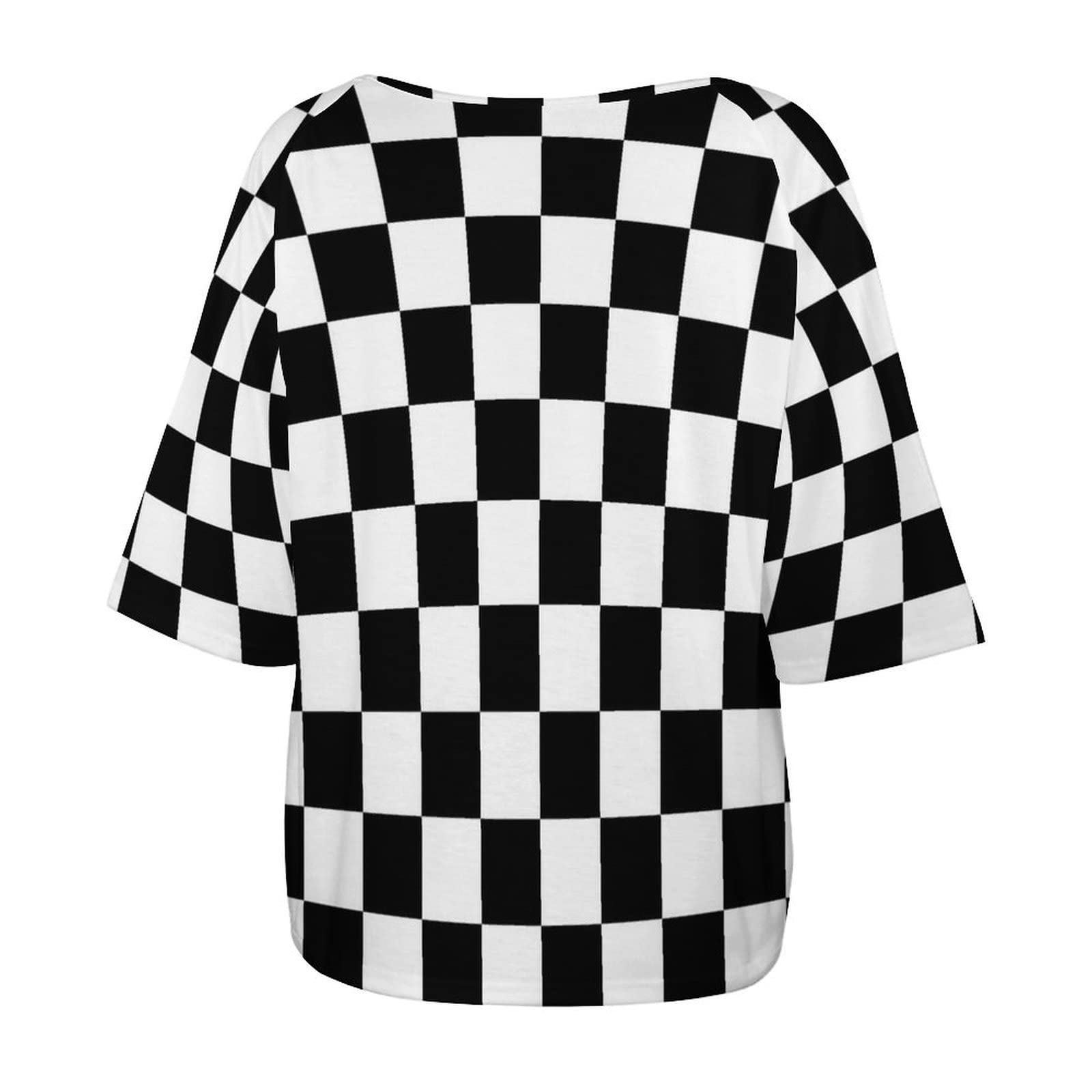 Black & White Checkered Flag Print Women's Off Shoulder T-Shirt - Sexy Casual Short Sleeve Top for Racing Events, Concerts & Summer Outfits