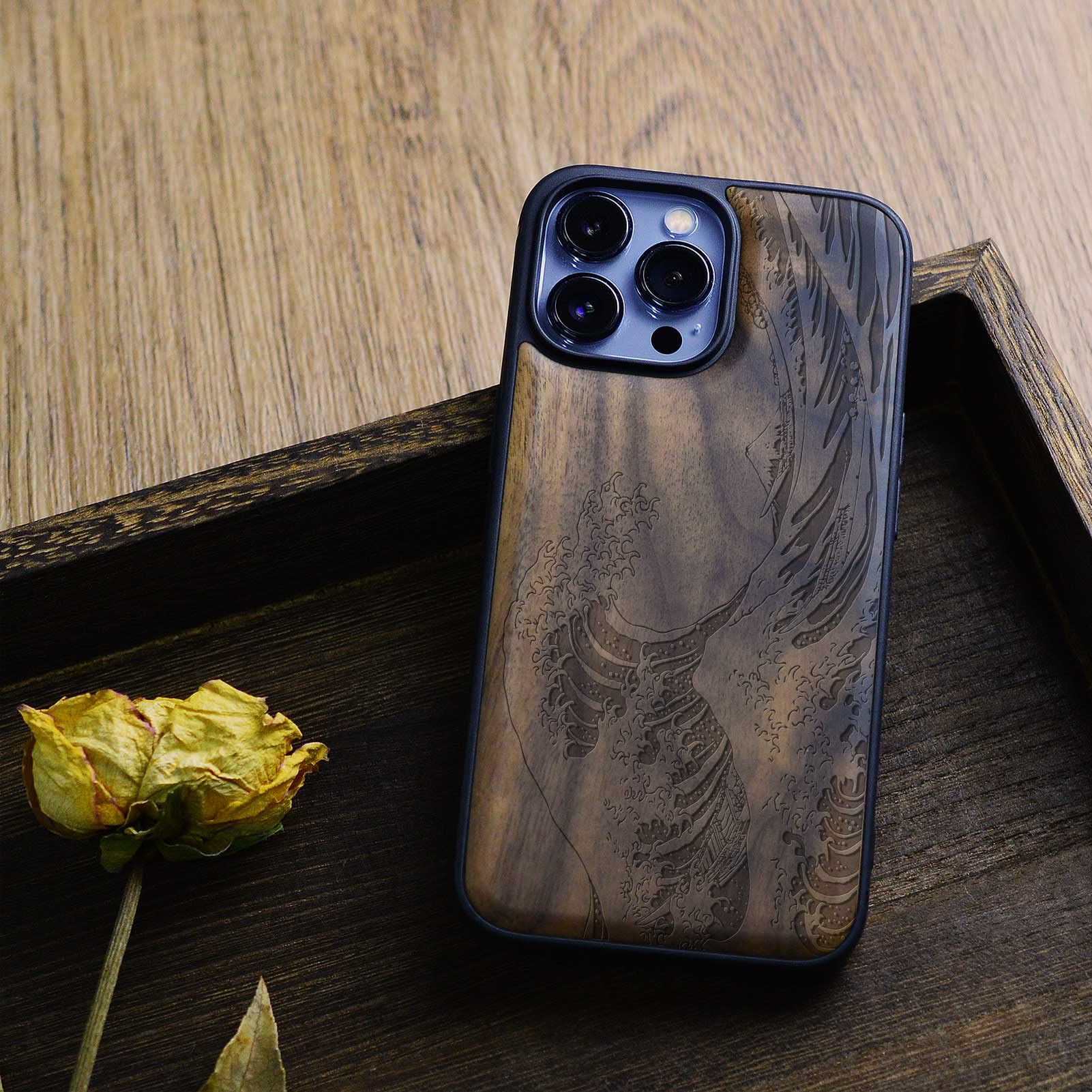 Magnetic Wooden Case for iPhone 13 Pro Max - Natural Walnut Wood & Shockproof TPU Bumper - Compatible with MagSafe (The Great Wave Off Kanagawa Design) - Perfect for Outdoor Adventures & Business Meetings