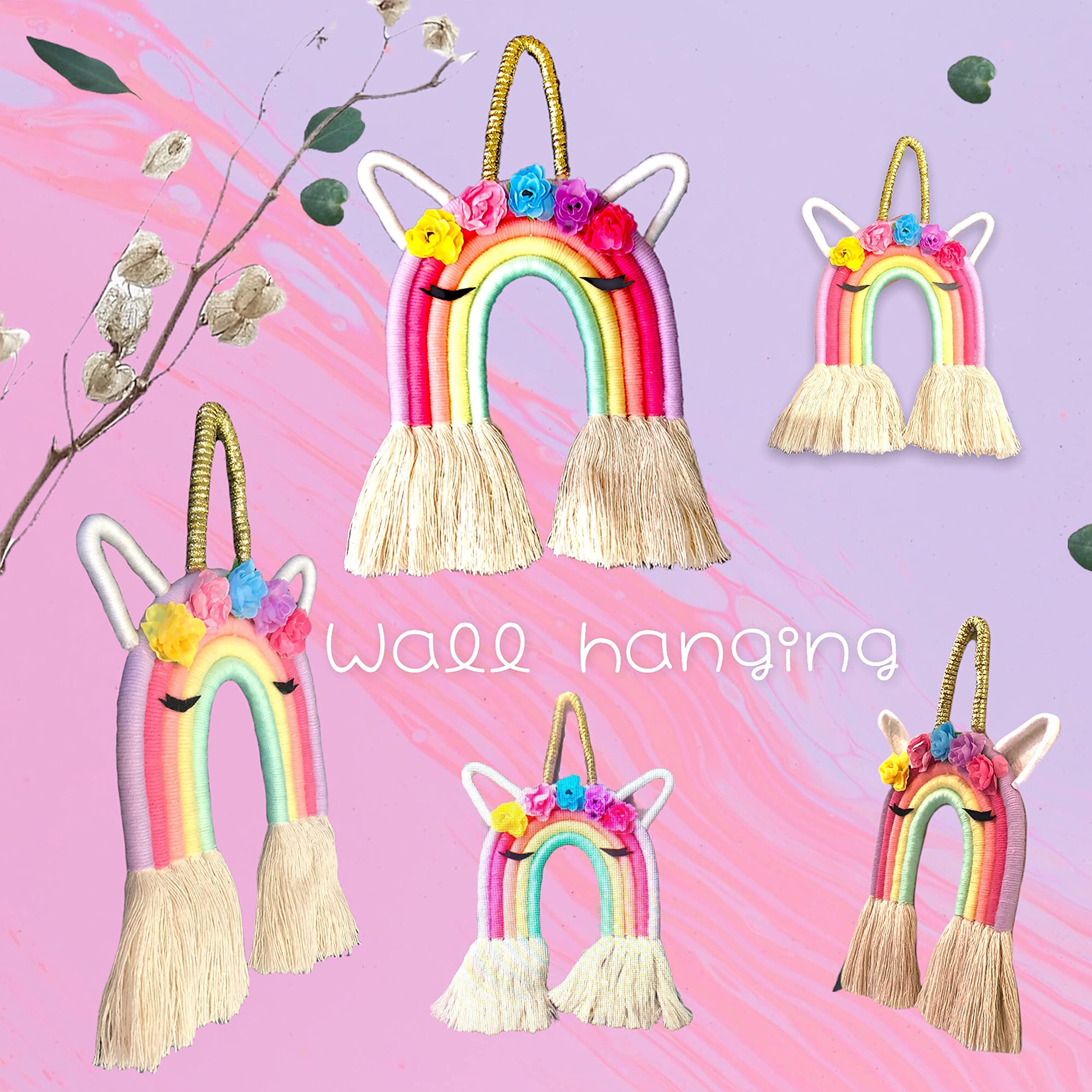 Handmade Macrame Rainbow Unicorn Wall Hanging - 12x10 Inch Boho Wall Art Decor for Nursery, Kids Room & Bedroom - Unique Rainbow Unicorn Tapestry for Hippie Home Decor