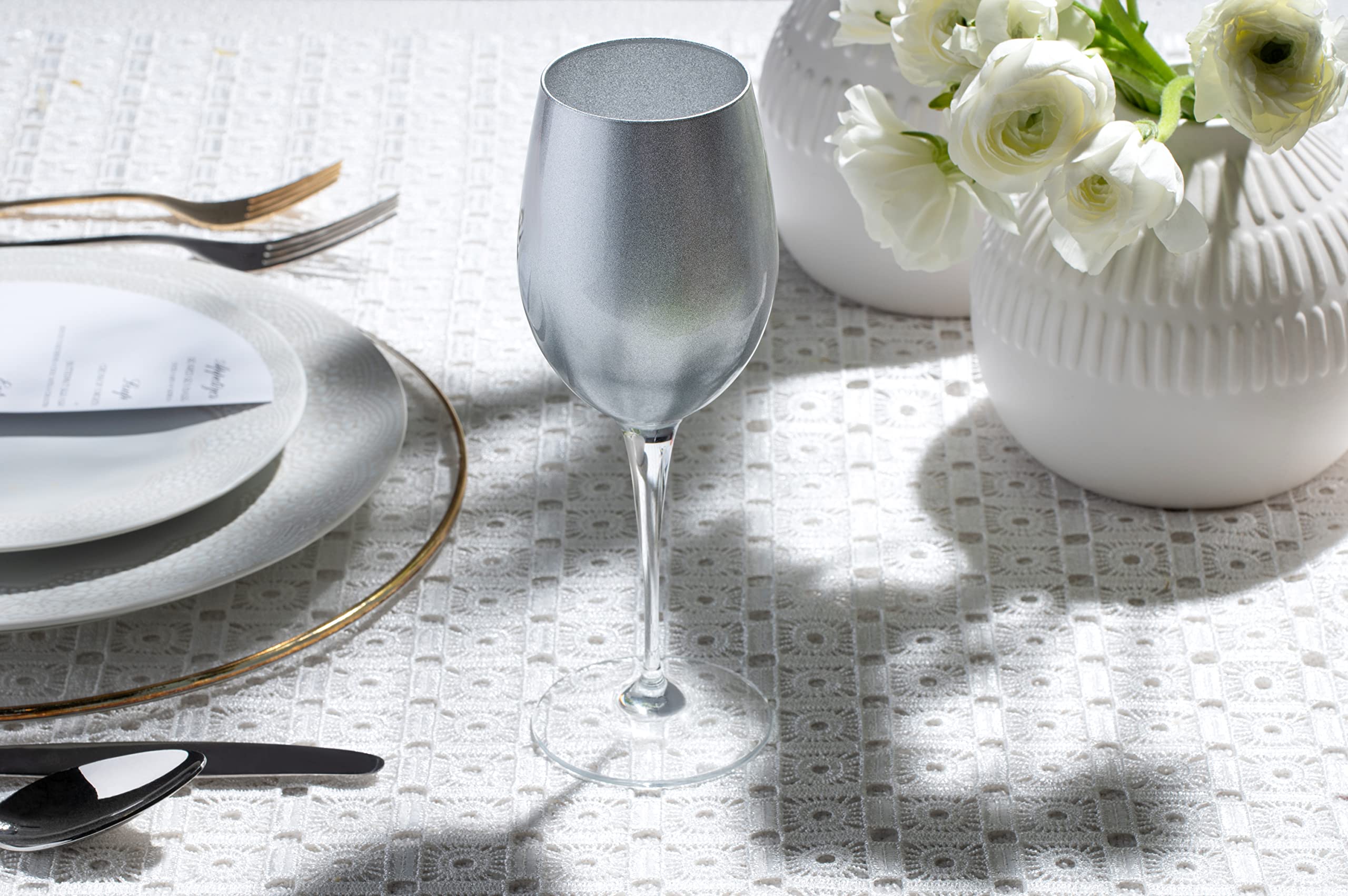 Premium Barski Goblet Set of 6 - Elegant 14oz Stemmed Glasses for White Wine & Water, Silver-Decorated European Crystal Glassware - Perfect for Dinner Parties, Weddings & Formal Entertaining
