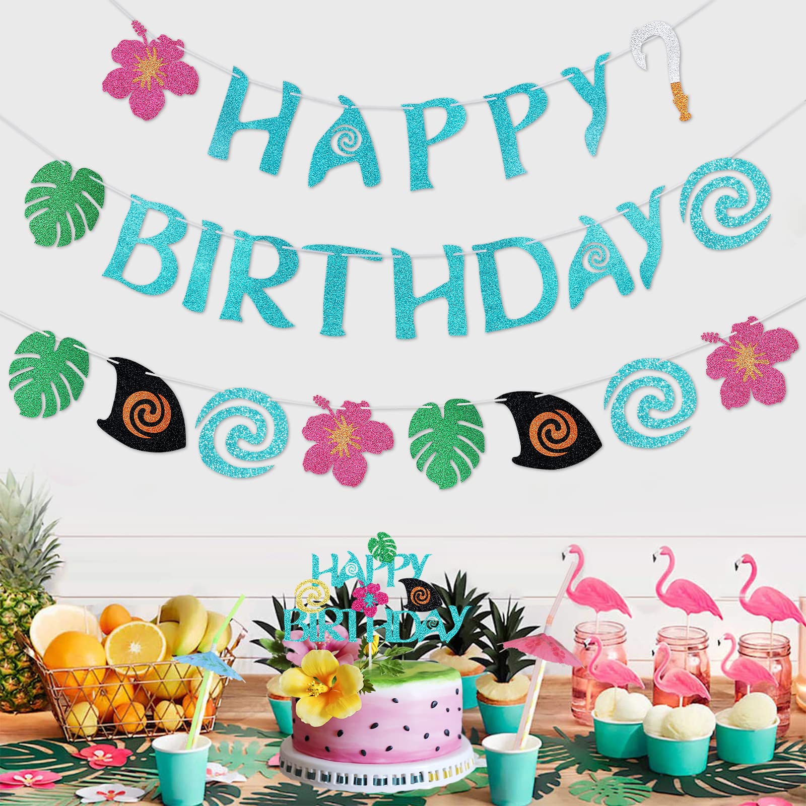 Moana Birthday Party Decorations Set - Happy Birthday Banner & Cake Topper for Hawaiian Luau, Tropical Summer Party & Baby Shower - Perfect for Disney Themed Celebrations & Kids' Birthday Decor
