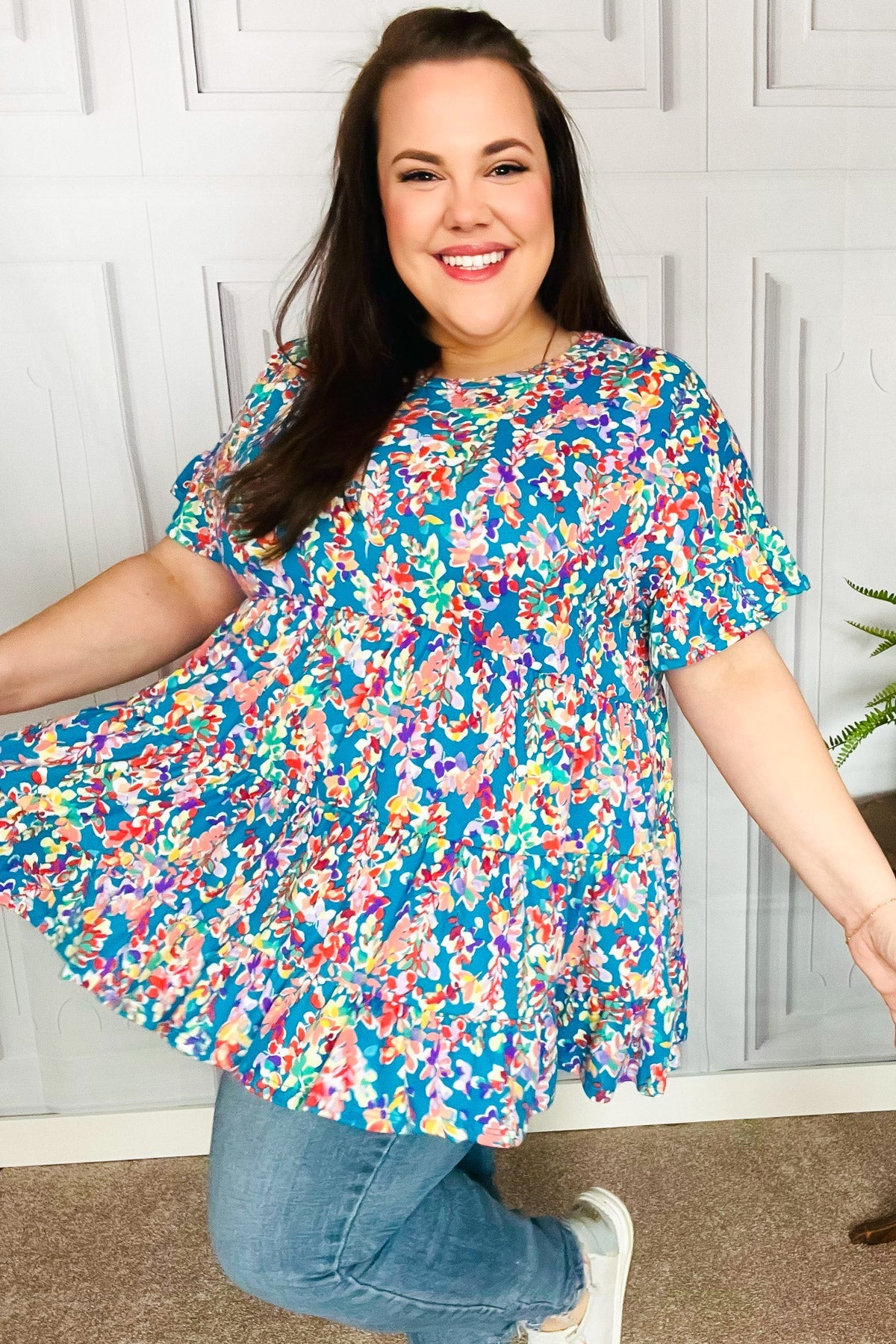 Blue Floral Ruffle Hem Tiered Top Women's Blouse - Elegant Summer Tops for Casual Outings & Date Nights