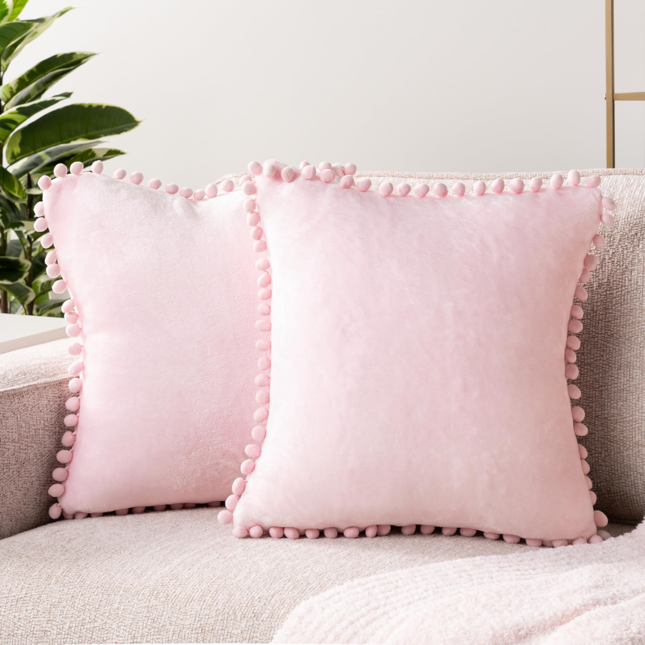 PAVILIA Light Pink Velvet Throw Pillow Covers 20x20 Inches Set of 2 - Soft Pom Pom Decorative Cushion Covers for Bed, Sofa & Couch - Luxury Euro Plush Pillow Cases for Bedroom Aesthetic & Home Decor