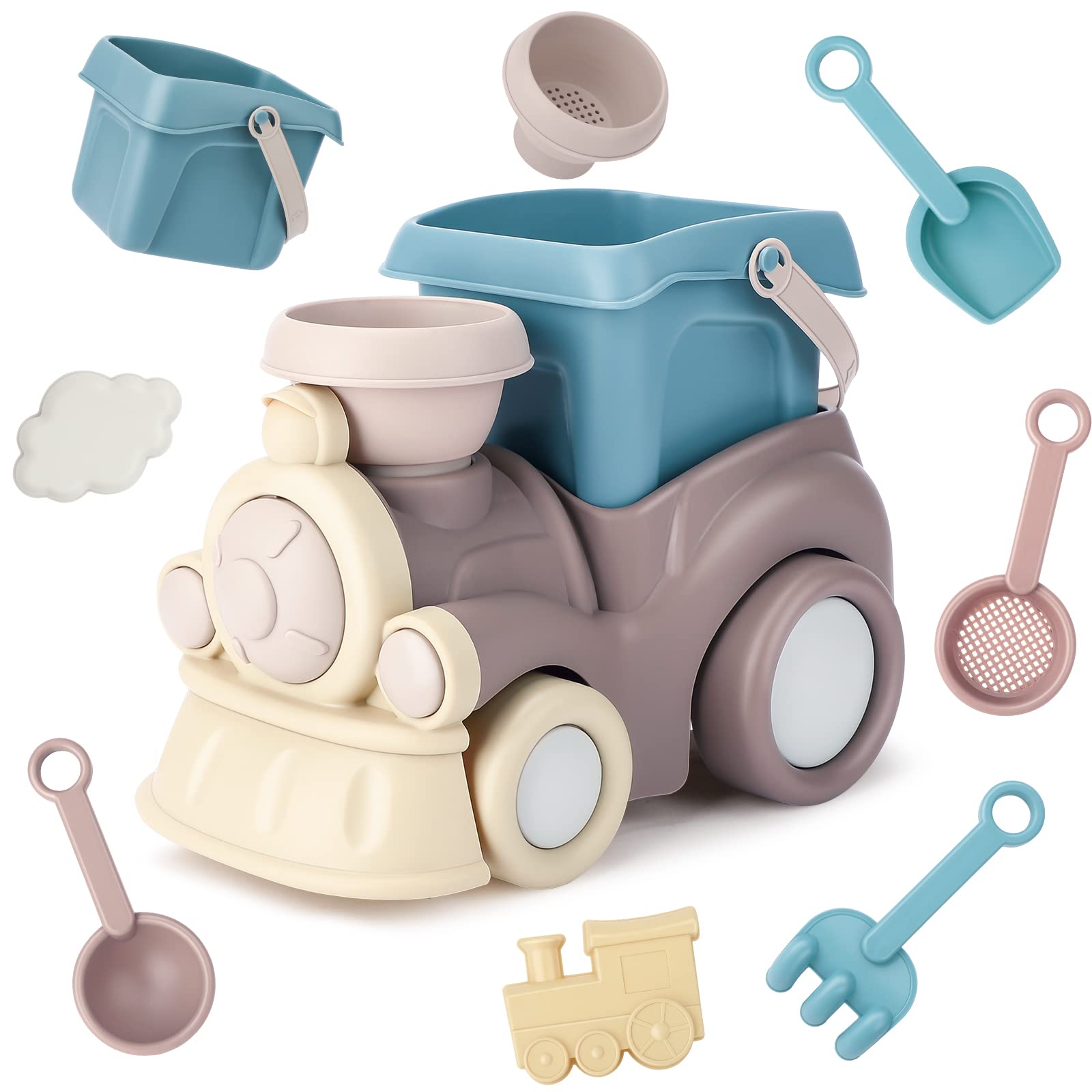 QLT Beach Toys for Toddlers & Kids - Sand Play Set with Train Truck, Bucket, Scoop, Trowel, Colander, Rake & Castle Molds - Durable Sandbox Toys in Gift Box - Perfect for Beach, Backyard & Outdoor Play