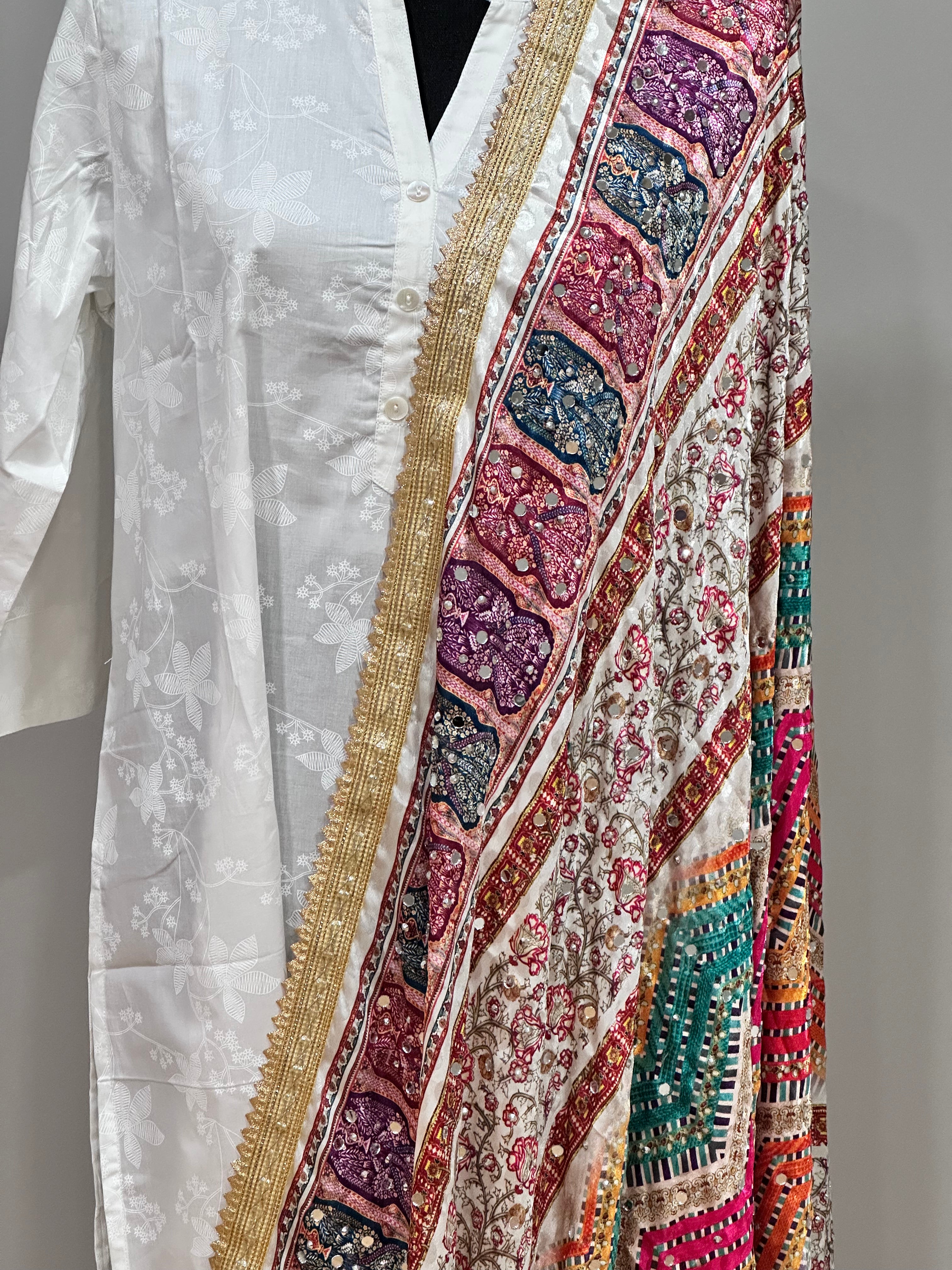 Exquisite Jacquard Multicolor Mirror Dupatta Scarf - Elegant Embroidered Shawl for Women - Perfect for Weddings, Parties & Festive Occasions