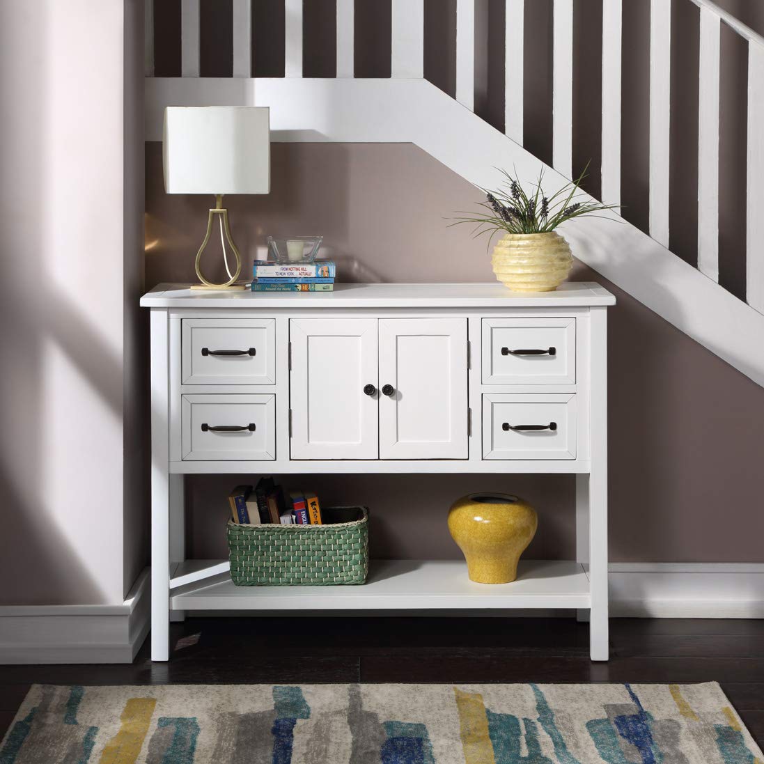 Modern Coffee Table with 4 Drawers & Cabinet - Small Space End Table, Sofa Console Table for Living Room - Perfect for Apartments, Dorms & Cozy Spaces