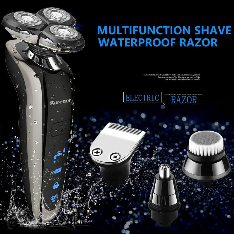 Rechargeable Electric Shaver for Men - 100% Waterproof Rotary Shaving System with Nose Trimmer, Sideburns Trimmer & Face Cleaning Brush - Perfect for Travel, Gym & Daily Grooming