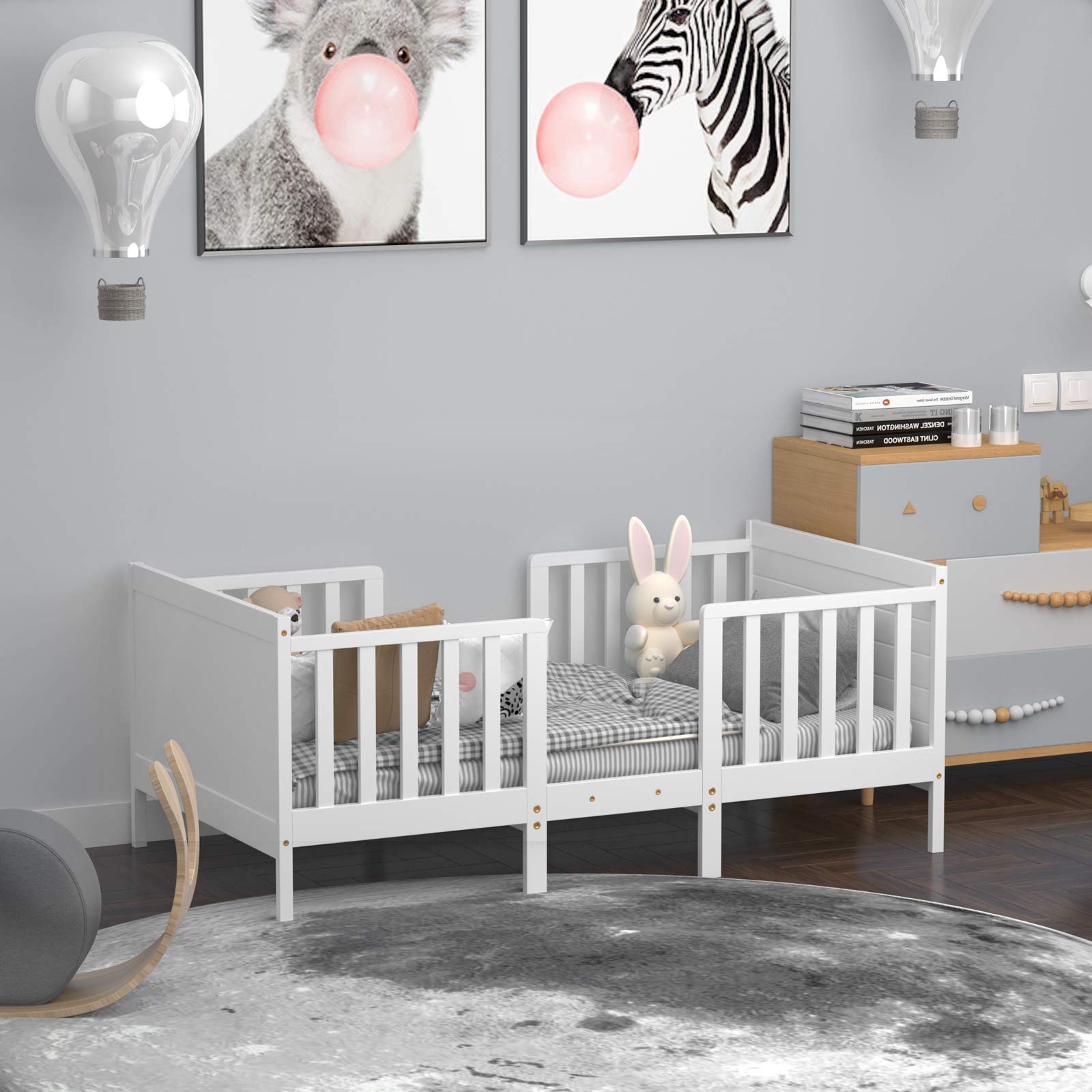Costzon 2-in-1 Convertible Wood Toddler Bed Frame with Safety Guardrails & Footboard - White Kids Floor Bed for Boys & Girls - Fits Full Size Crib Mattress - Perfect for Nursery, Daycare or First Big Kid Bed