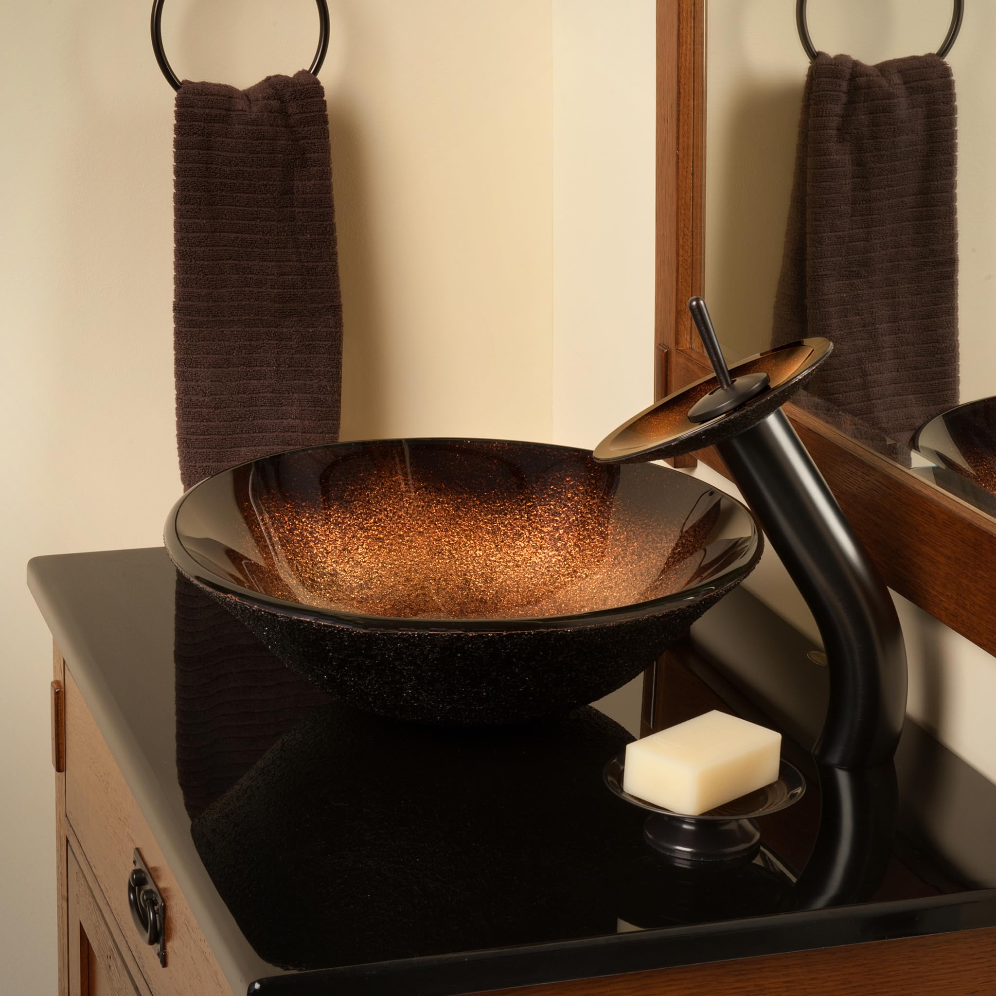 Novatto SANGUINELLO Glass Vessel Bathroom Sink Set - Oil Rubbed Bronze Finish - Modern Above Counter Bathroom Vanity Sink for Powder Room, Master Bath & Guest Bathroom Decor