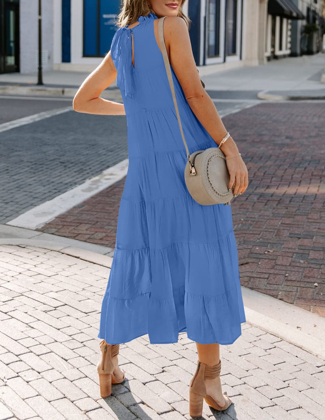 HAEOF Women's Summer Sleeveless Halter Maxi Dress - Flowy Pleated Tiered Beach Sundress for Vacation, Party, and Casual Wear | Lightweight Breathable Long Dress for Women