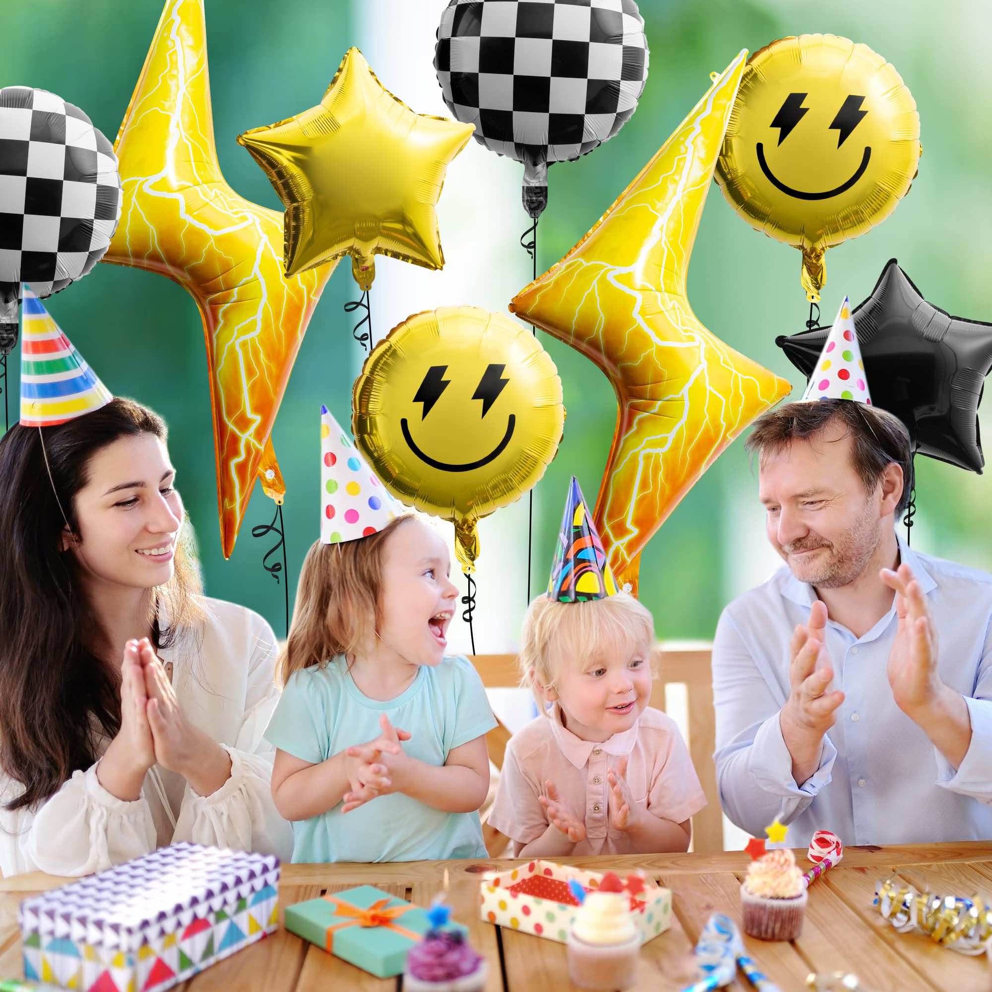 8PCS 18 Inch Smile Face Checkered Helium Balloons - Yellow Happy Birthday Party Decorations, Wedding & Baby Shower Supplies - Perfect for Indoor/Outdoor Events, Photo Backdrops & Celebration Decor