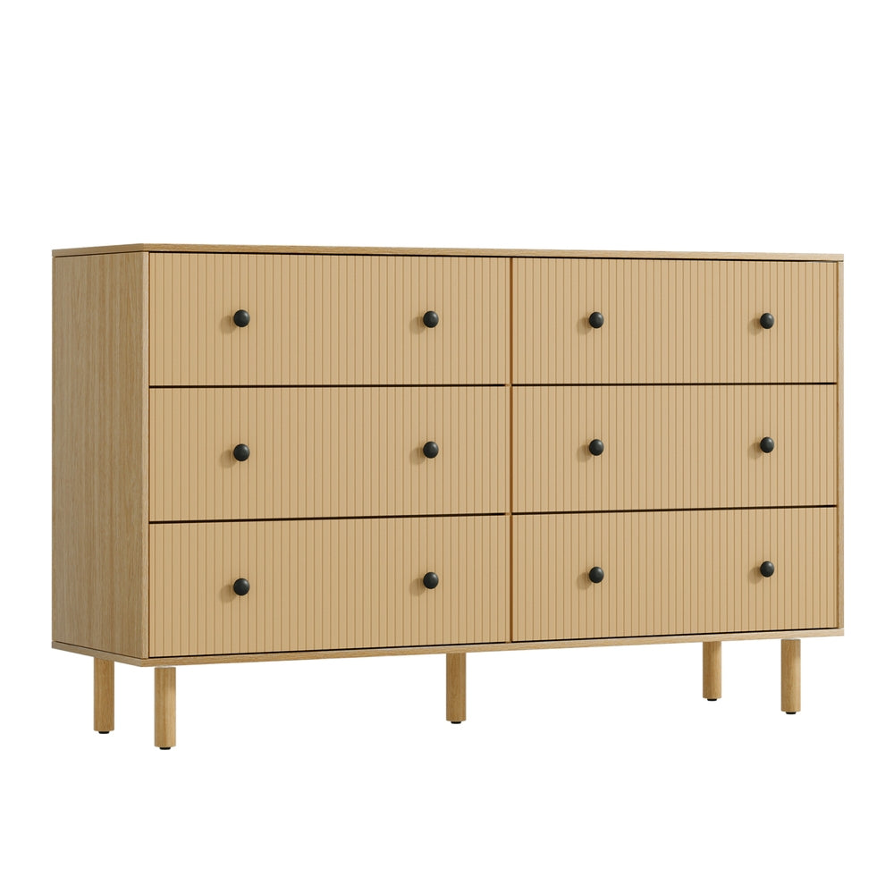 6-Drawer Oak Lowboy Dresser with Fluted Front - Perfect for Bedroom, Living Room & Guest Room Storage