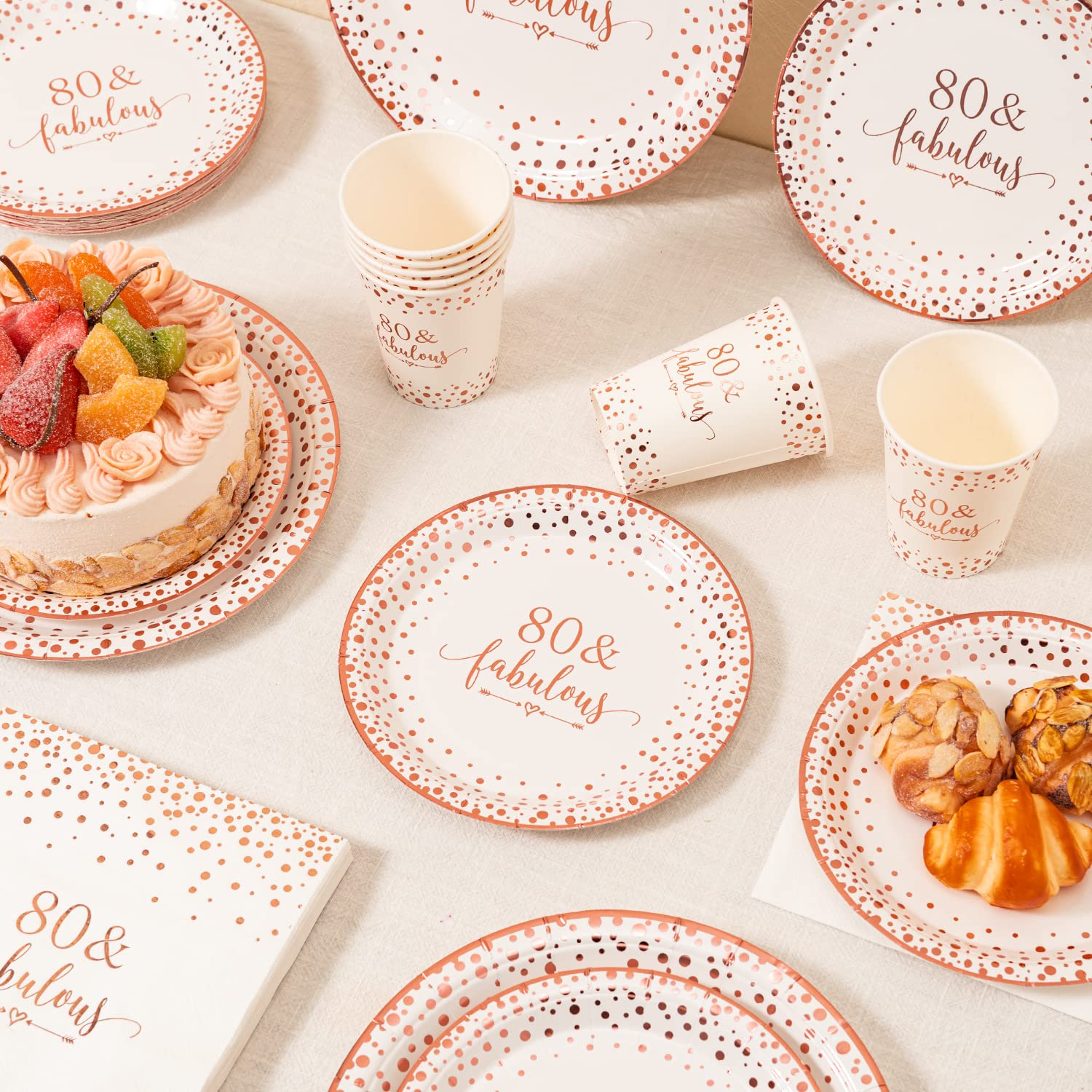 Elegant Rose Gold Foil 80th Birthday Party Supplies Set - 24-Piece Disposable Tableware (9