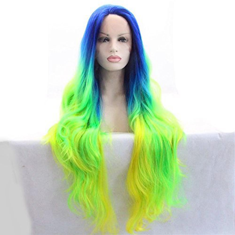 Xiweiya 13x3 Lace Front Wig - Ombre Neon Yellow Green with Blue Roots - 24 Inch Long Straight Heat Resistant Synthetic Hair for Women - Perfect for Drag Queen, Cosplay, Halloween & Daily Wear
