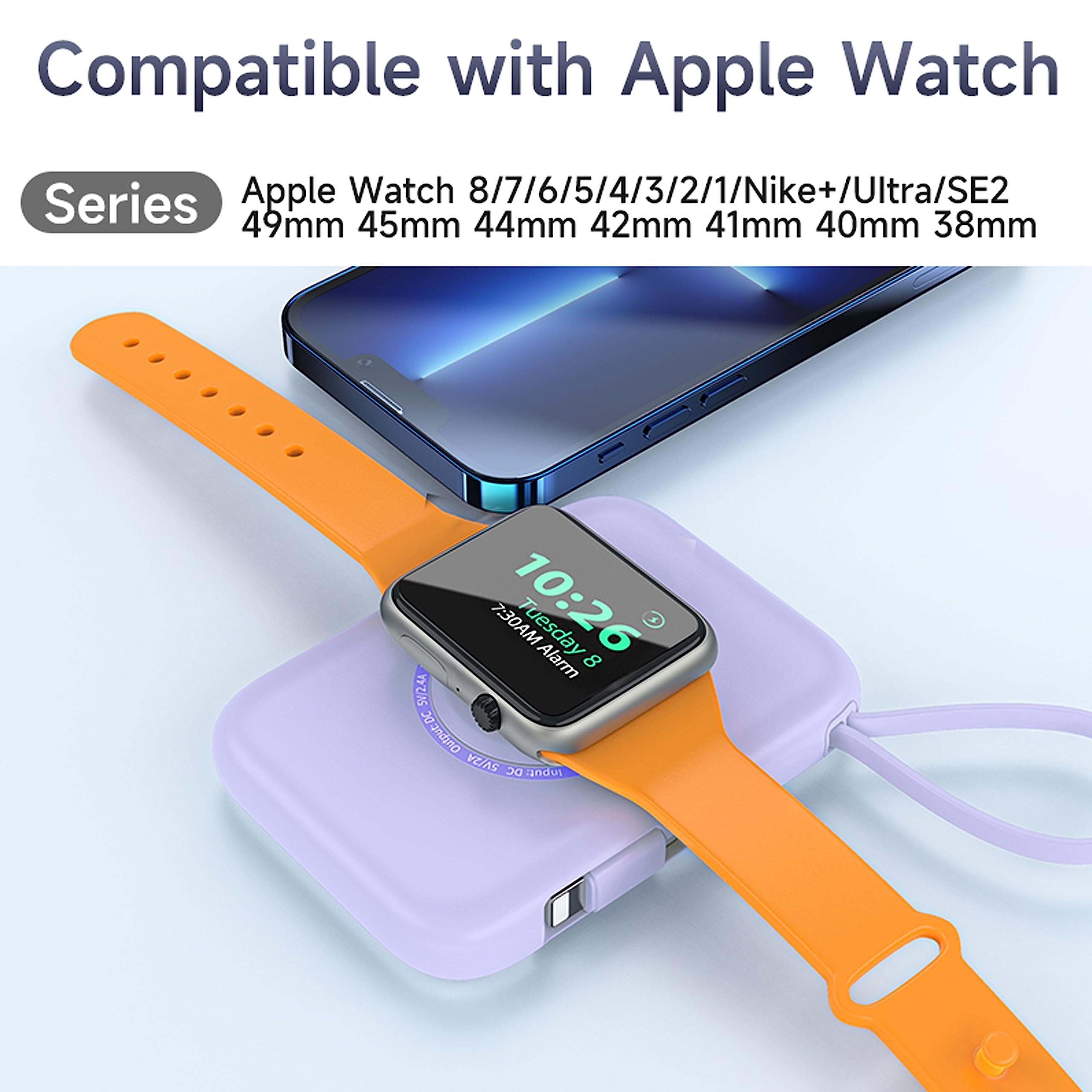 HUOTO 5000mAh Portable Charger with Built-in Cable - Magnetic Power Bank for Apple Watch Series 1-9, iPhone 11/12/13, AirPods & Smartphones | Compact Travel Charger for Gym, Hiking & Business Trips