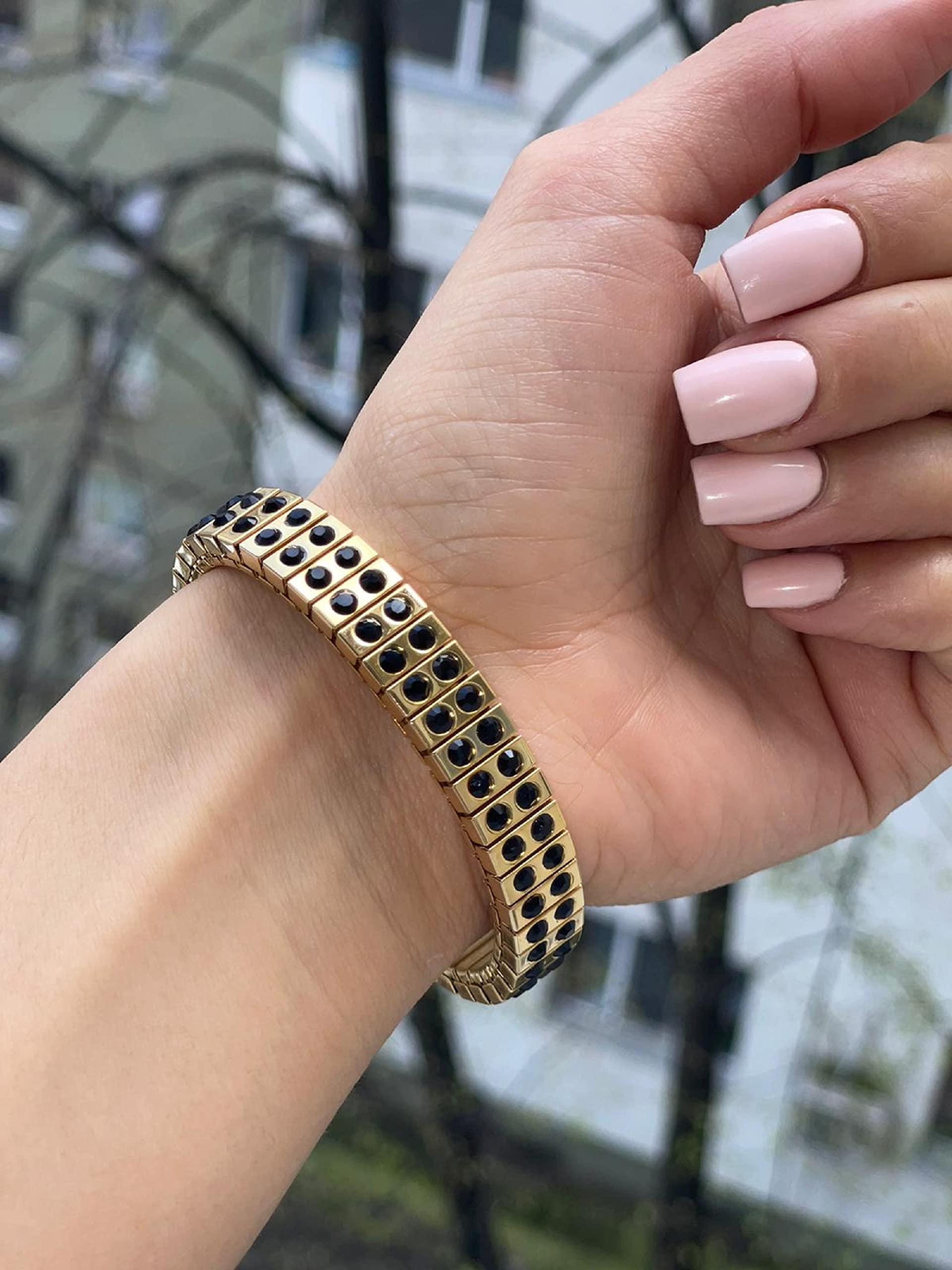 2ct Handmade Black Onyx Stretch Bracelet for Women - Artisan Onyx Gemstone Bangle, 24k Gold Plated, Elegant Formal Jewelry Gift for Mom, Mother of the Bride, Wedding Party - Perfect for Evening Events, Special Occasions & Gift Giving