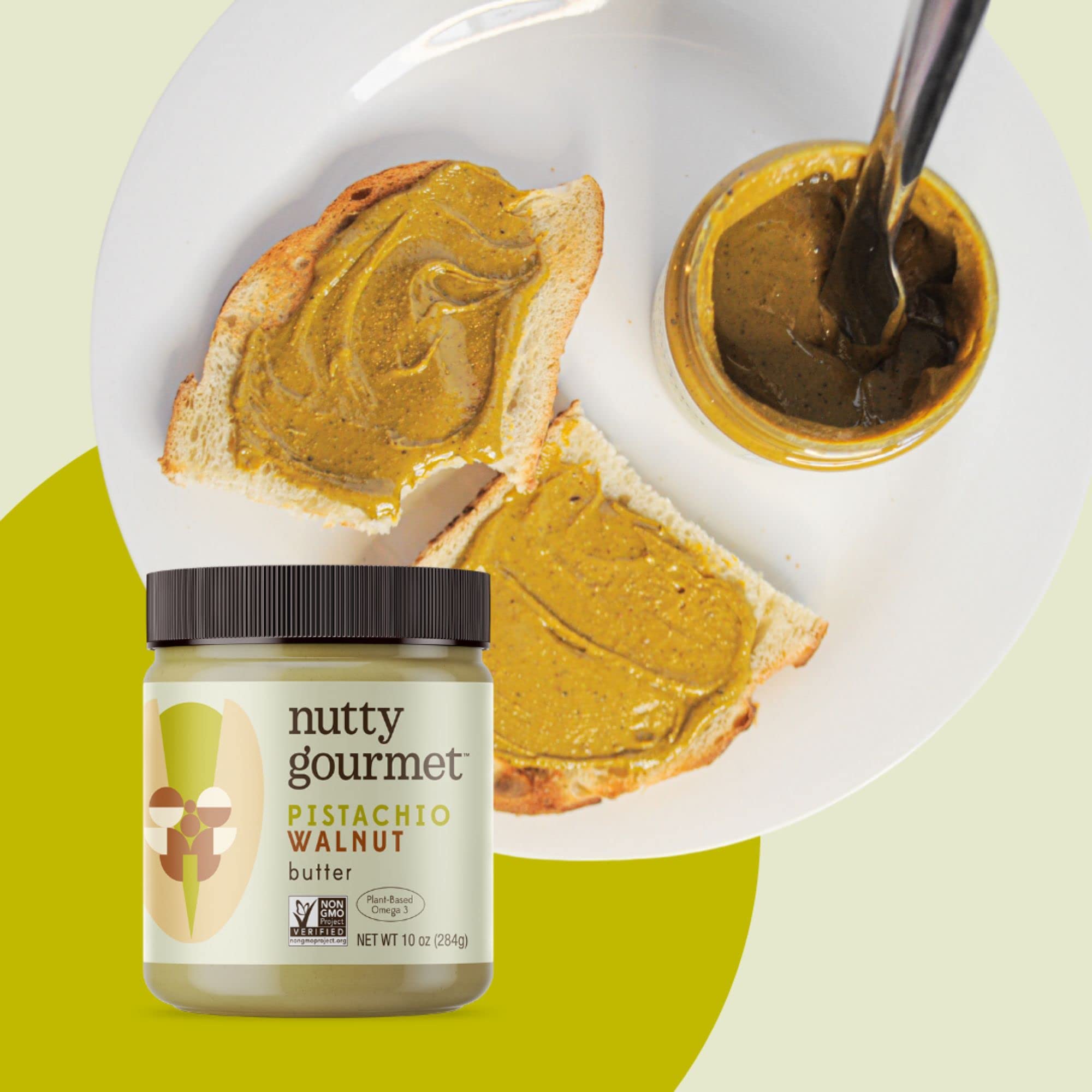 Nutty Gourmet Pistachio Walnut Spread - No Added Sugar, Palm Oil Free, Peanut Free, Gluten Free - Healthy Protein Breakfast Snack - Perfect for Dips, Fillings, Sauces & Baking - Great for Toast, Yogurt Topping, Smoothie Boost (10oz, 2 Pack)