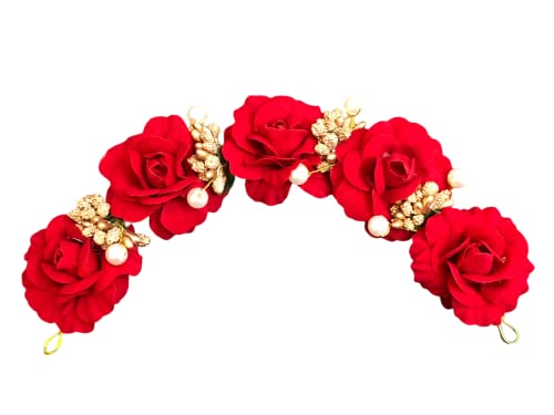 Handmade Red & Golden Artificial Flower Gajra Garland - Bridal Hair Bun Clips & Juda Pins for Women & Girls | Perfect for Weddings, Parties & Festive Occasions