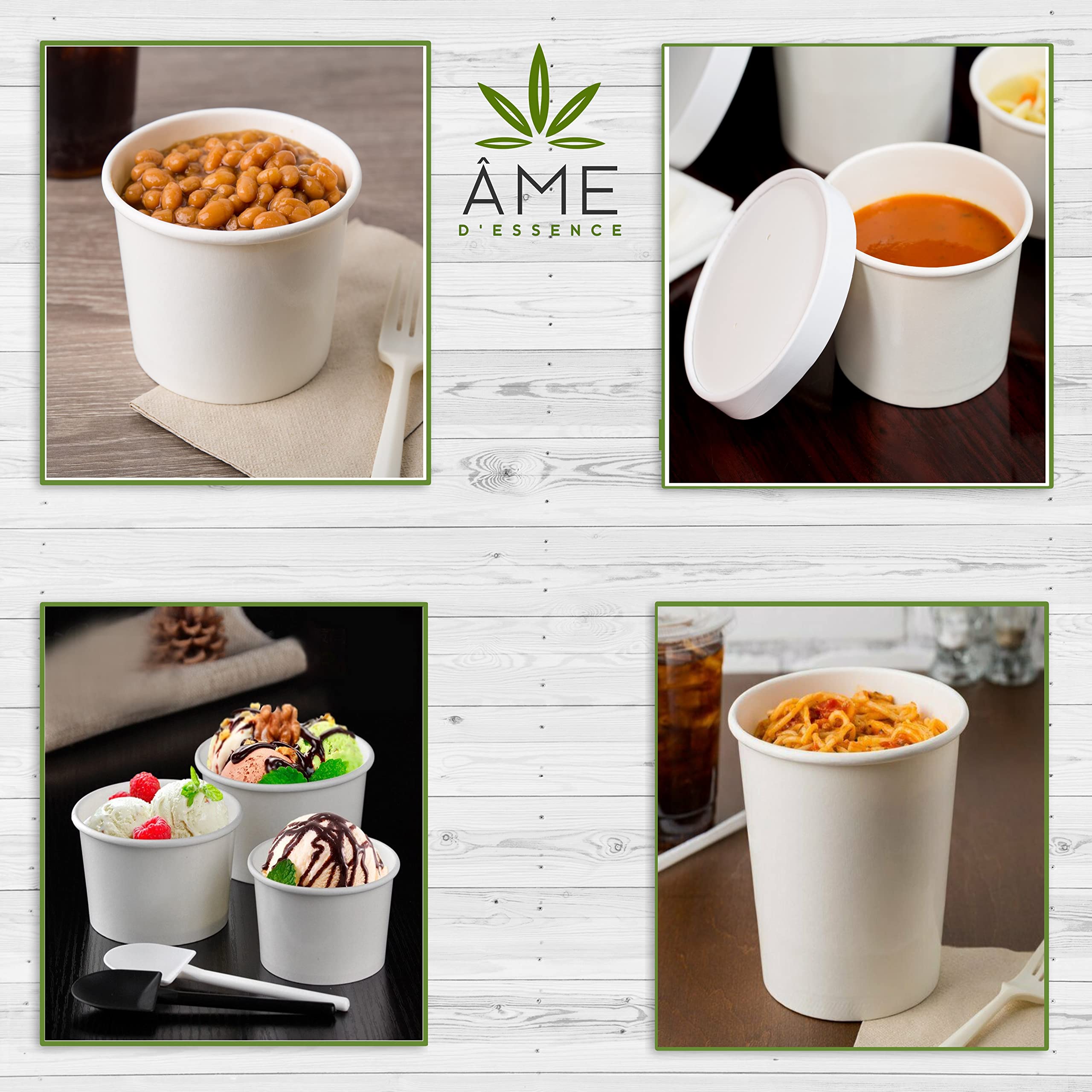 500-Pack AME D'ESSENCE 8 oz White Paper Soup Containers with Vented Lids - Hot & Cold Food To-Go Cups for Ice Cream, Gelato, Yogurt, Soups - Perfect for Takeout, Restaurants & Catering