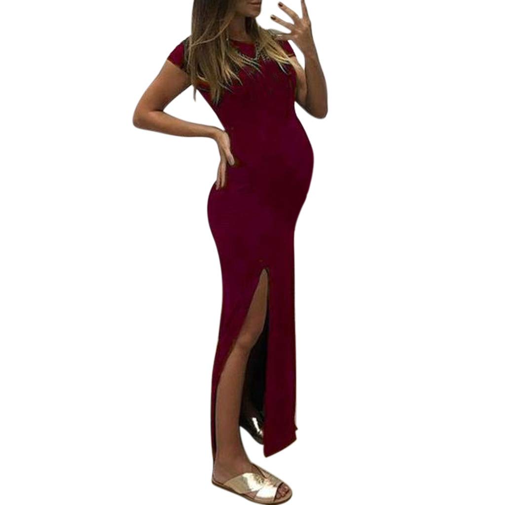 Stylish Women's Solid Color Short Sleeve Bodycon Maternity Dress with High Slit - Perfect for Pregnancy, Postpartum, and Special Occasions Like Weddings & Parties