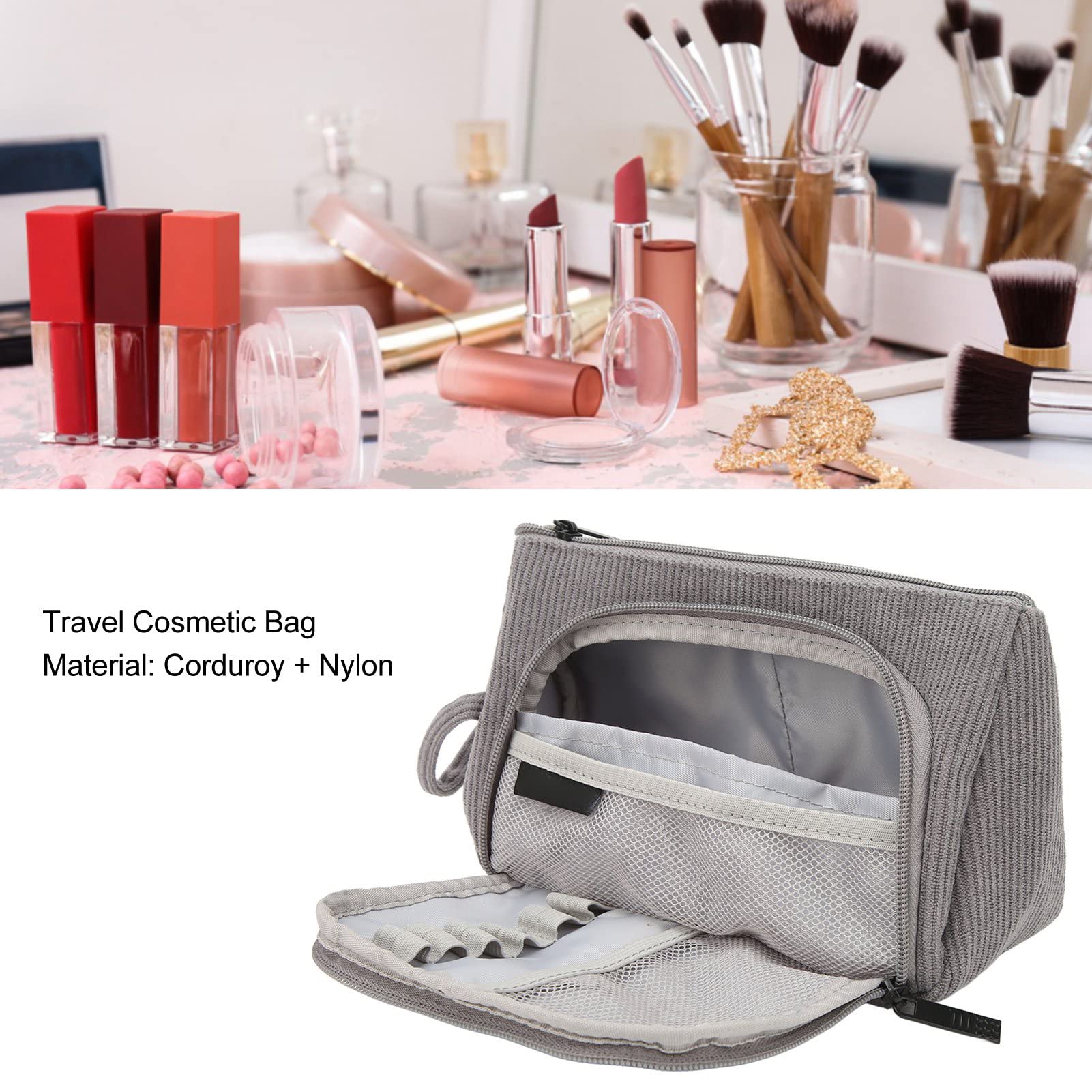 Travel Makeup Bag with Bidirectional Zipper - Waterproof Cosmetic Organizer for Women, Grey Makeup Pouch with Exquisite Lining - Perfect for Travel, Gym, and Daily Use