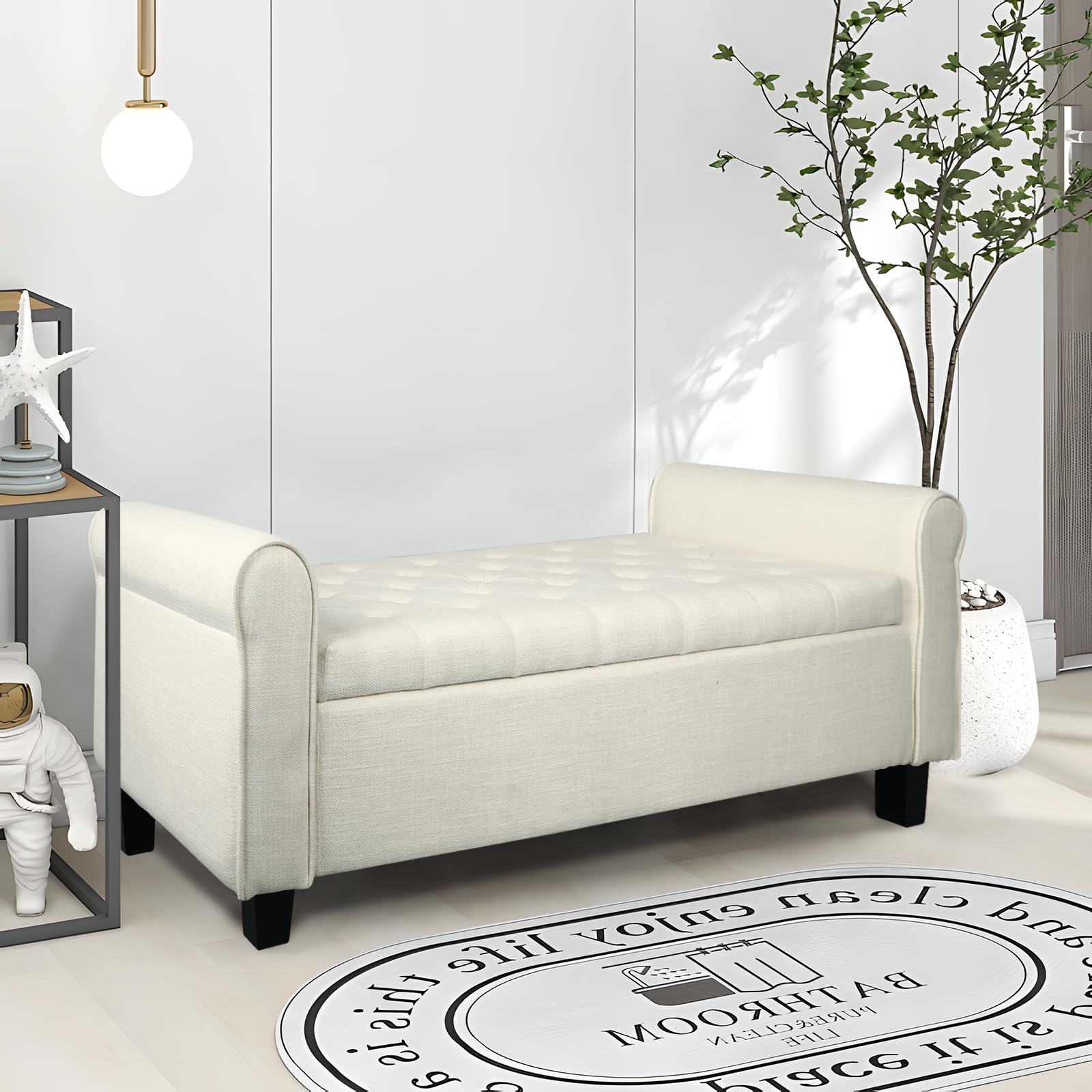 Tufted Storage Ottoman Bench with Arms - Large Upholstered Footrest Seat for Bedroom, Living Room, Entryway & Hallway - Multi-Functional End of Bed Bench with Hidden Storage (Beige) | Perfect for Small Space Organization & Extra Seating