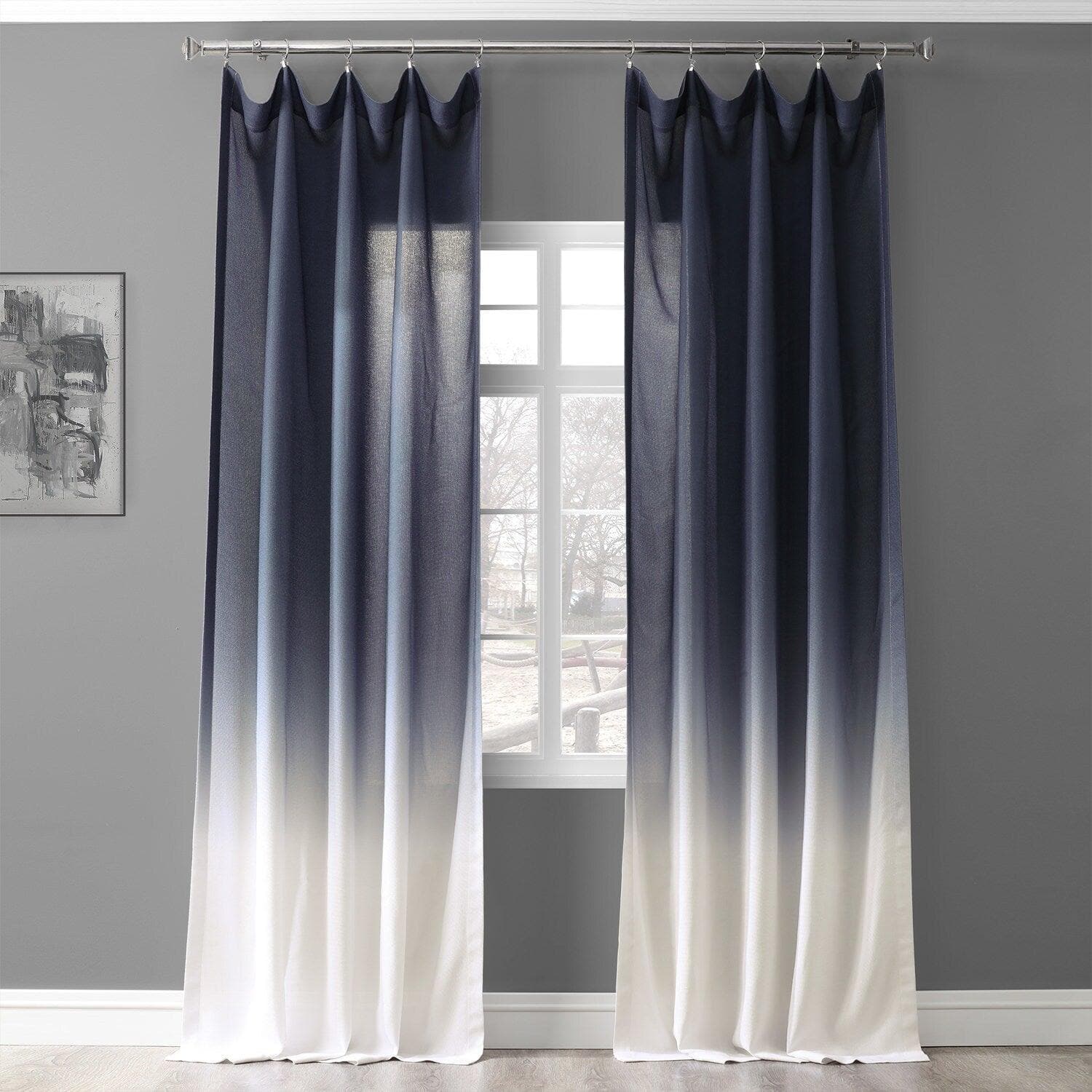 Blue Abstract Ombre Faux Linen Curtains - Modern Window Drapes for Living Room, Bedroom & Office - Light Filtering & Privacy Sheer Panels