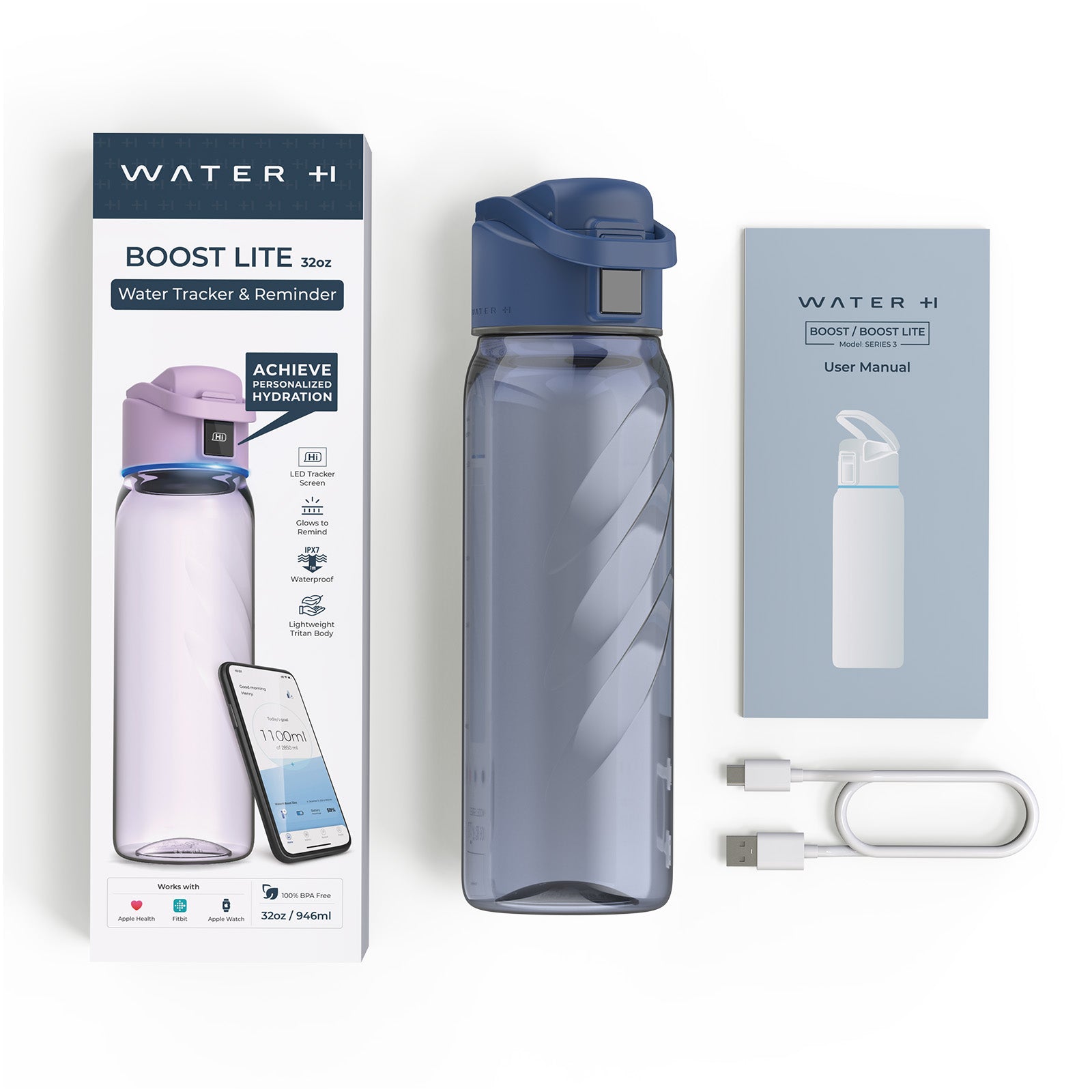 WaterH Boost Lite Smart Water Bottle 32oz with Hydration Tracking & Reminders - Perfect for Gym, Hiking, Office & Daily Hydration Goals