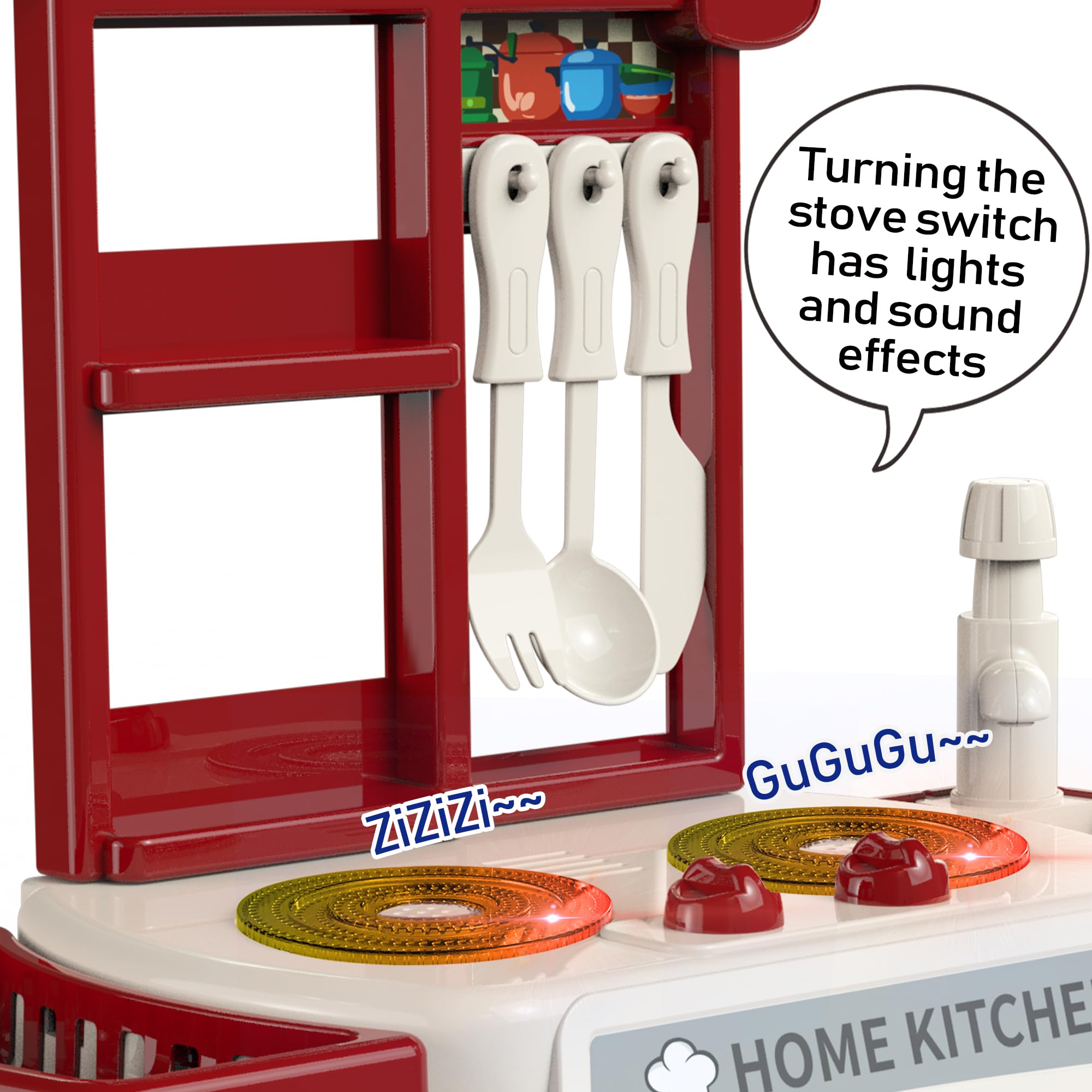 **Toddler Kitchen Playset with Sound & Light - Pretend Cooking Toy Set for Kids, Play Sink with Running Water & Electronic Induction Stove - Red Kitchen Accessories for Pretend Play & Role-Playing Fun**