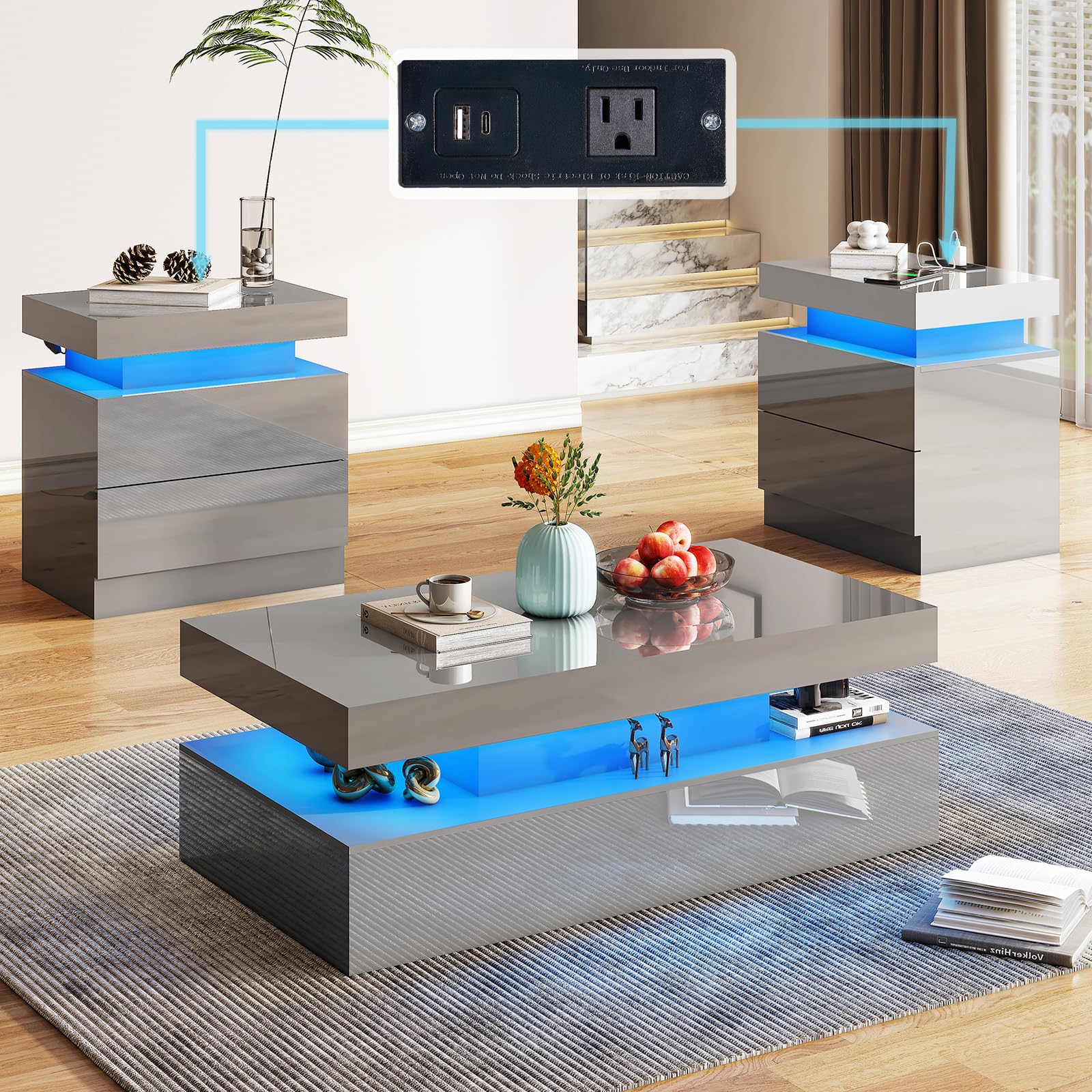 AMERLIFE 3-Piece Modern LED Coffee Table Set - High Gloss Living Room Tables with 2-Tier Center Table & 2 Side Tables, Nightstand with USB Charging Station, Gray - Perfect for Living Room, Bedroom & Small Space Decor